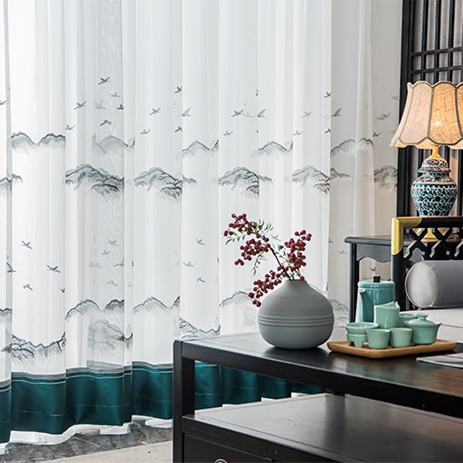 Daesar 2 Pièce Rideau Vert, Rideaux Transparents Fenetre à Crochets Motif Broderie Peinture À L'Encre de Paysage et d'oiseaux Rideau Décor pour Salon Chambre Bureau, Vert 132x138CM