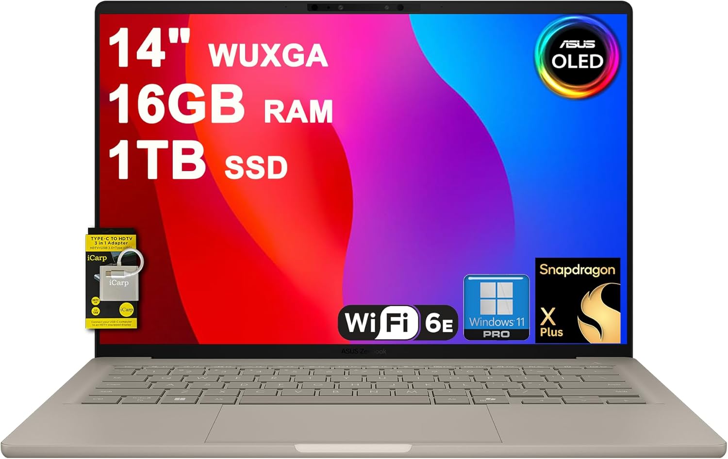 ASUS ZenBook A14 Laptop 14" WUXGA OLED (%100 DCI-P3, 600 Nits HDR) Qualcomm 8-Core Snapdragon X Plus (45'e kadar) 16GB DDR5 1TB SSD Creator Business Professional için 1TB SSD