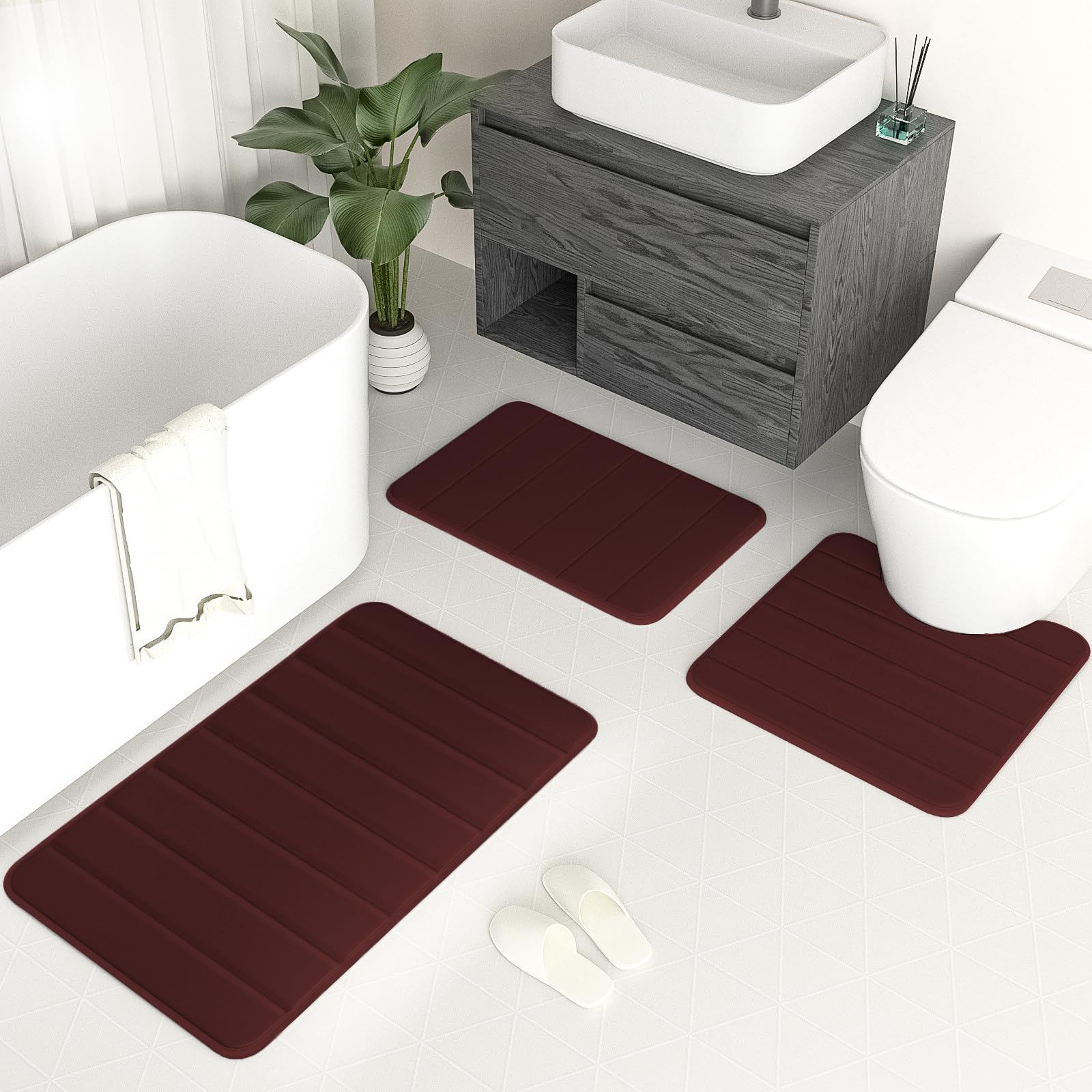 Bathroom Rugs 3 Piece Memory Foam Bath Rugs Set of 3 Non-Slip Water Absourb Bath Mats Shower Mat Soft Rugs on Bathroom,Bedroom,Living Room,Dog Mat,Christmas Decoration,Burgundy Red