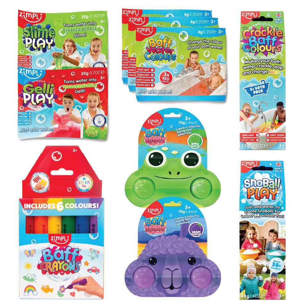 ZIMPLI - 10 x Value Christmas Stocking Filler Bundle Gift Set for Kids, Crackle, Snoball, Slime, Gelli, Baff Water Colours, Baff Bombz & Baff Crayons, Party Bag Fillers, Favours