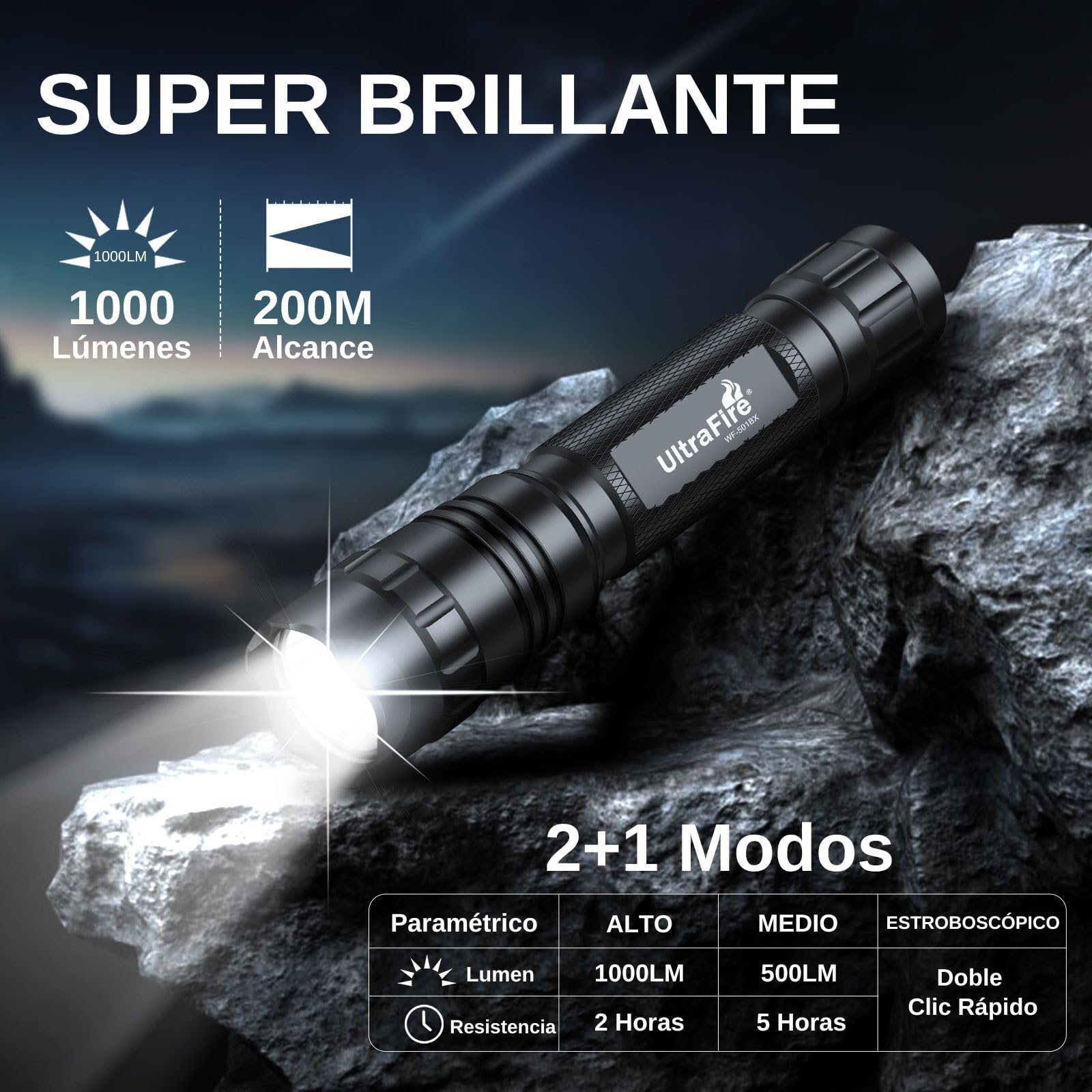 Ultrafire linterna táctica recargable con estuche, 1000 lúmenes lámpara de policía con estuche cinturón, 3 modos linterna LED para la seguridad, las fuerzas de la orden, patrulla, camping, WF-501BX