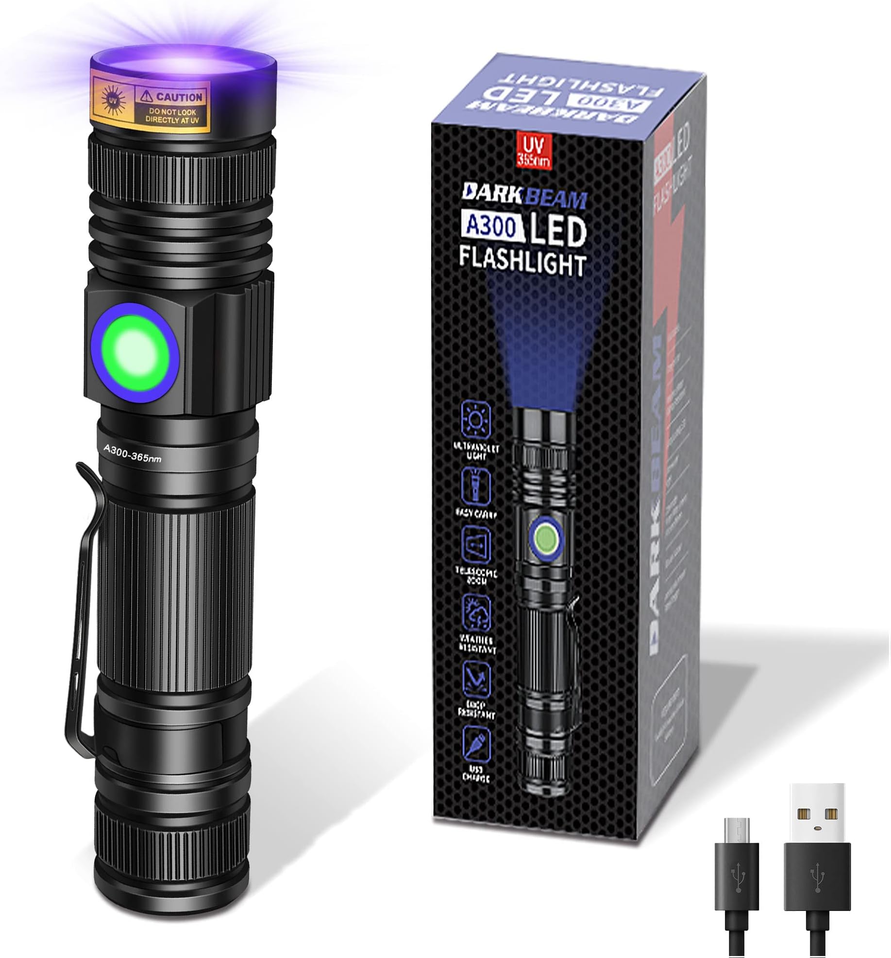 UV 365nm Flashlight Blacklight Rechargeable USB, Wood's lamp Handheld Ultraviolet Black Light LED Portable, Pet Urine Detector, Resin Curing, Anti-Counterfeit, Fluorescent Detection