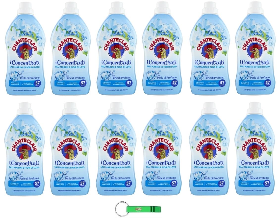 12 x Chanteclair I Concentrati – Ammorbidente concentrato, profumo di sale marino e fiore di loto, per vestiti morbidi e profumati – 57 lavaggi 1140 ml + portachiavi Beni Culinari