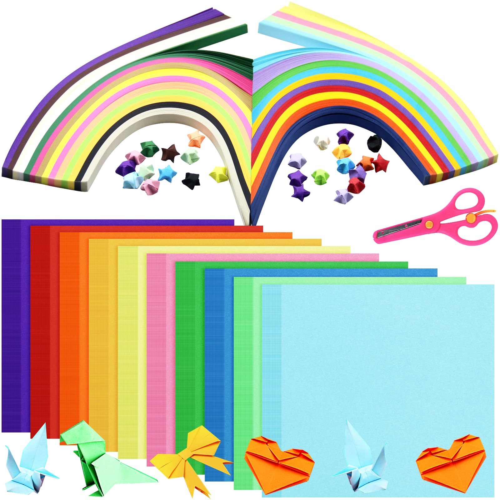 RYKOMO 740 Sheets Large Origami Paper Kit, 300 Sheets 8x8 Inch Origami Paper 10 Colors Double Sided, 540 Sheets Origami Star Paper 27 Colors with Kids Safety Scissors for Arts and Crafts Projects