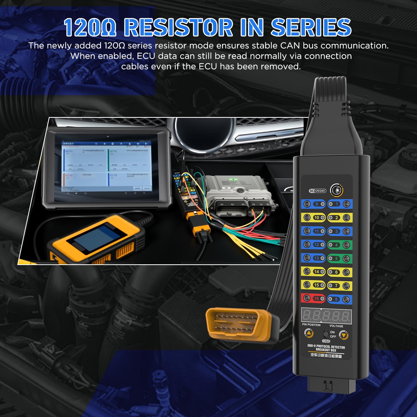 OBD2 Breakout Box detektor protokołu (model wysokiej jakości), kompatybilny z 12 V/24 V, rezystor 120 Ω w szeregu, narzędzie do diagnostyki błędów ze wskaźnikiem napięcia OBD i LED
