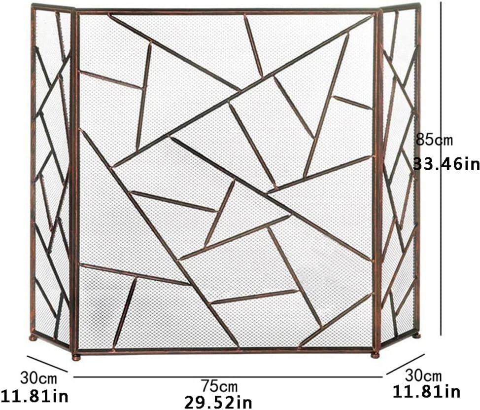 Simple Fireplace Screen Freestanding 3 Fold Fire Barrier with Wrought Iron Mesh Hollow Fire Screens for Fireplaces e Golden Fireplace Spark Guard Fire Place Ass (Brass)