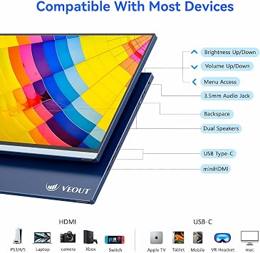 Veout 16 Portable Monitor, 1920 * 1200P IPS Laptop Monitor with USB-C, Freesync HDMI Gaming Monitor Featuring a Kickstand, Available in Four Colors, 0.3 Ultra-Slim for Travel and Office Use