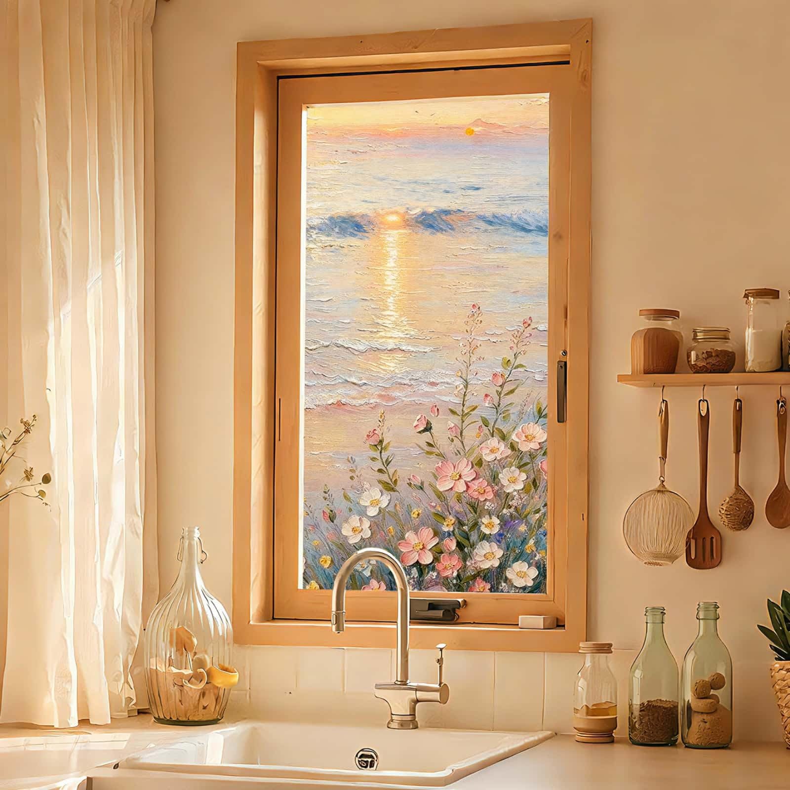 Vinilo Adhesivo Cristal Opaco Pintura Al Óleo Flores Vinilos para Cristales Privacidad Estatico Anti UV Reutilizable para Oficina Dormitorio Sala de Estar Vinilo para Ventanas