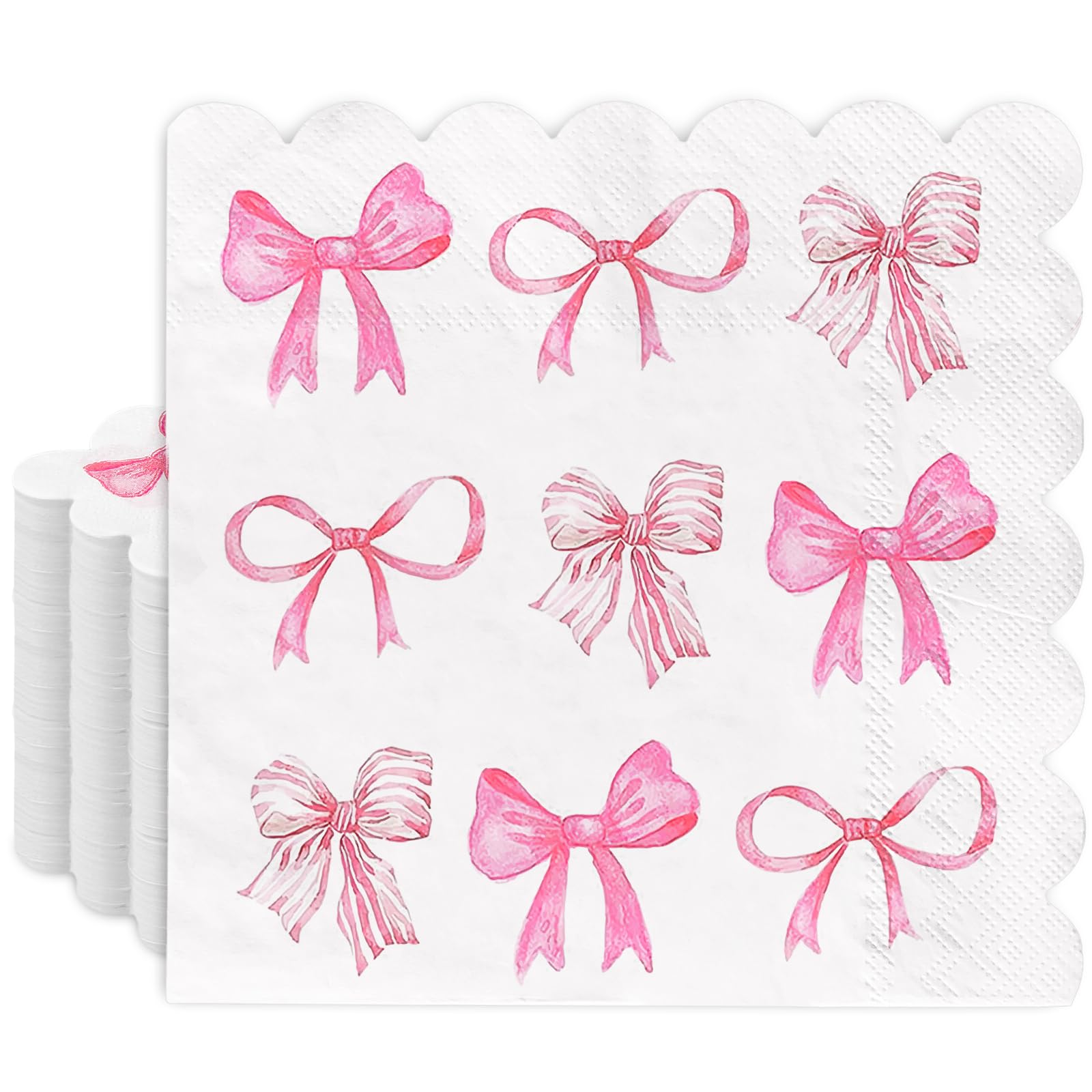 JarThenaAMCS 100Pcs Pink Bow Paper Scalloped Napkins Trendy Preppy Coquette Luncheon Napkins Watercolor Dinner Hand Napkin for Girls Home Party