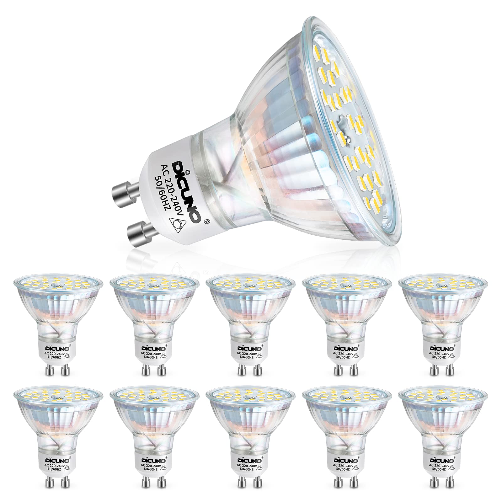 DiCUNO GU10 Dimmable LED Bulb, 4.2W Daylight White 5000K, Energy Saving Light Bulbs, 400LM,120°Beam Angle, 40W Halogen Equivalent, AC 220-240V, 10 Packs