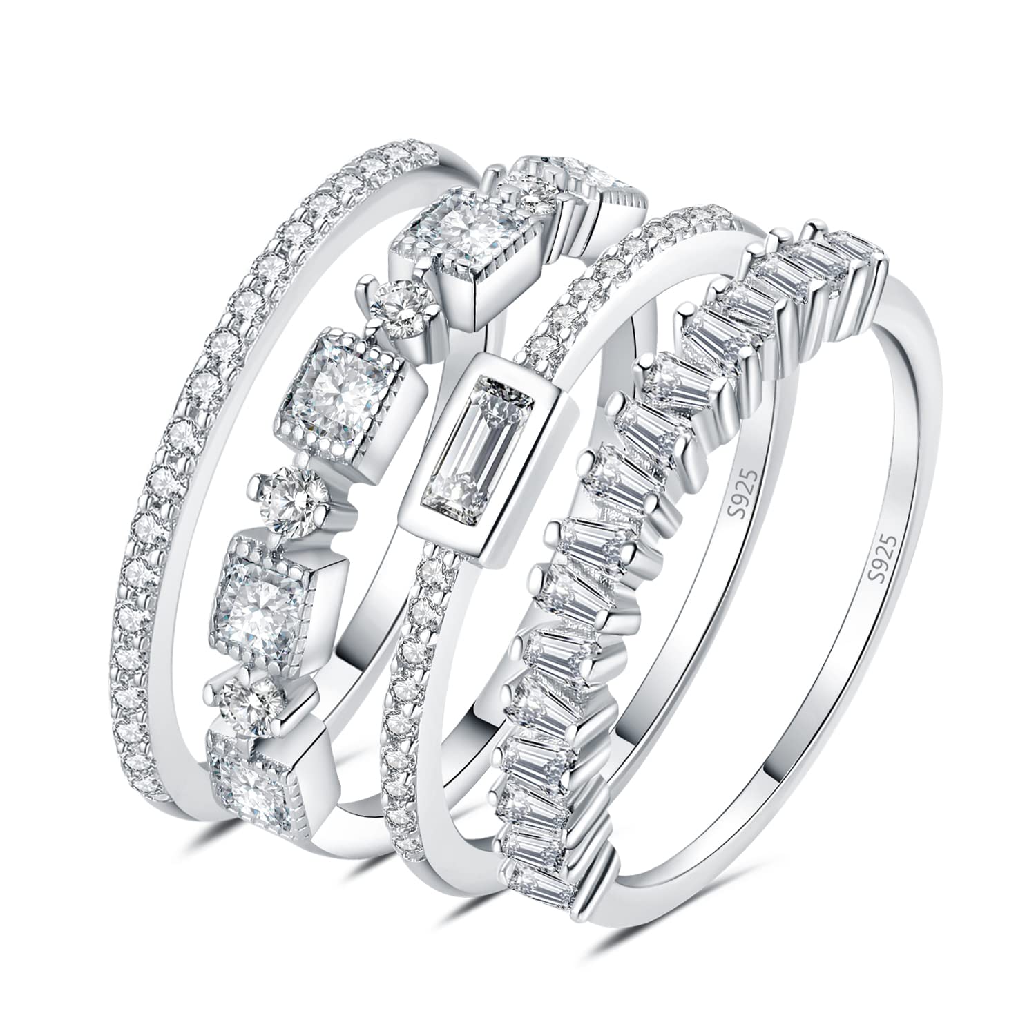 JewelryPalace 1.06ct Eternity Anello Solitario Donna Argento 925 con Cubica Zirconia, 4 Anelli Impilabili Donne con Pietra a Taglio Smeraldo, Fedi Nuziali Tre Ori Anelli Matrimonio Set Gioielli Donna