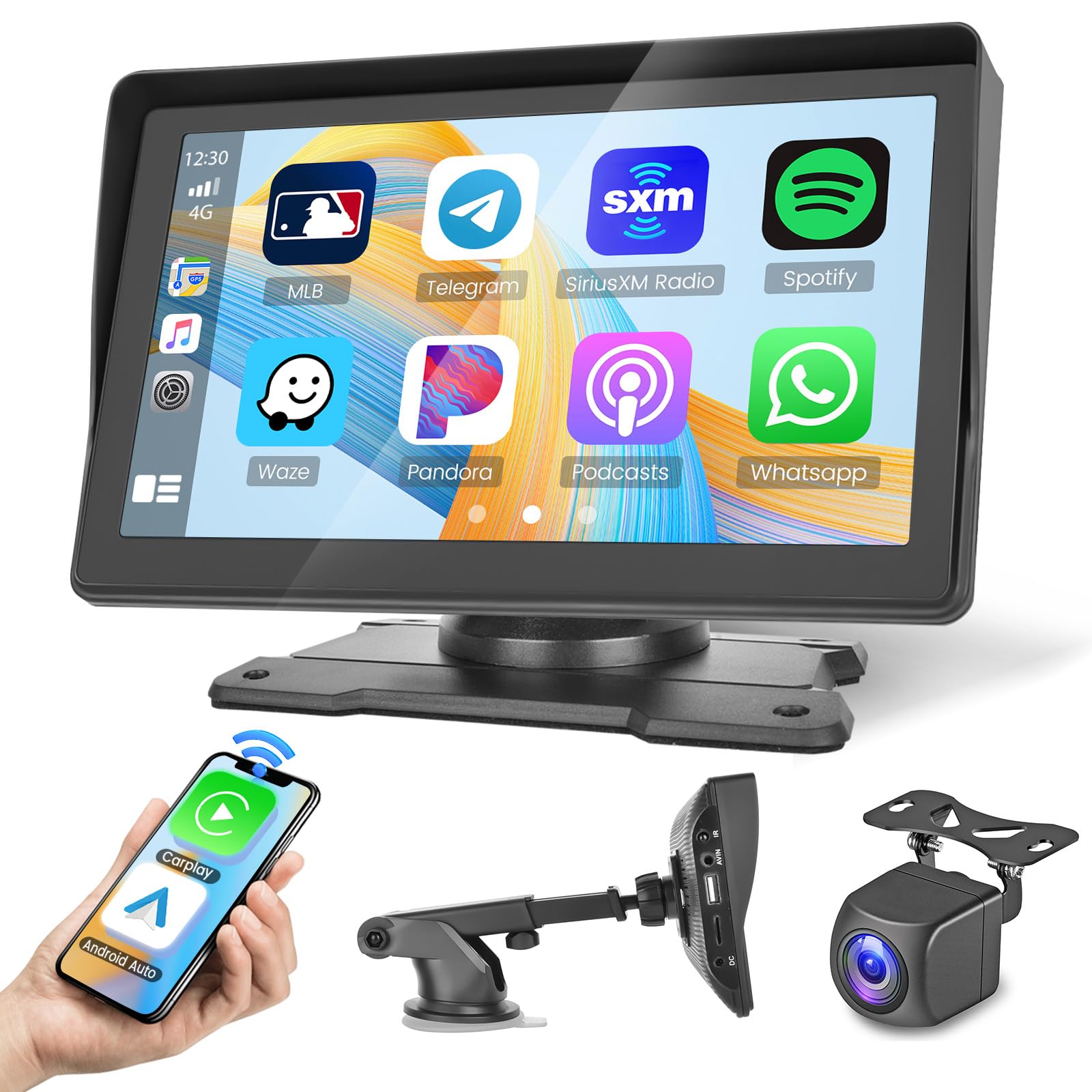 Portable Car Stereo Wireless Apple CarPlay Screen, Wireless Android Auto Car Radio, 7 Inch Full Touchscreen Stereo with Bluetooth 5.1 FM Transmitter USB AHD Rear View Camera