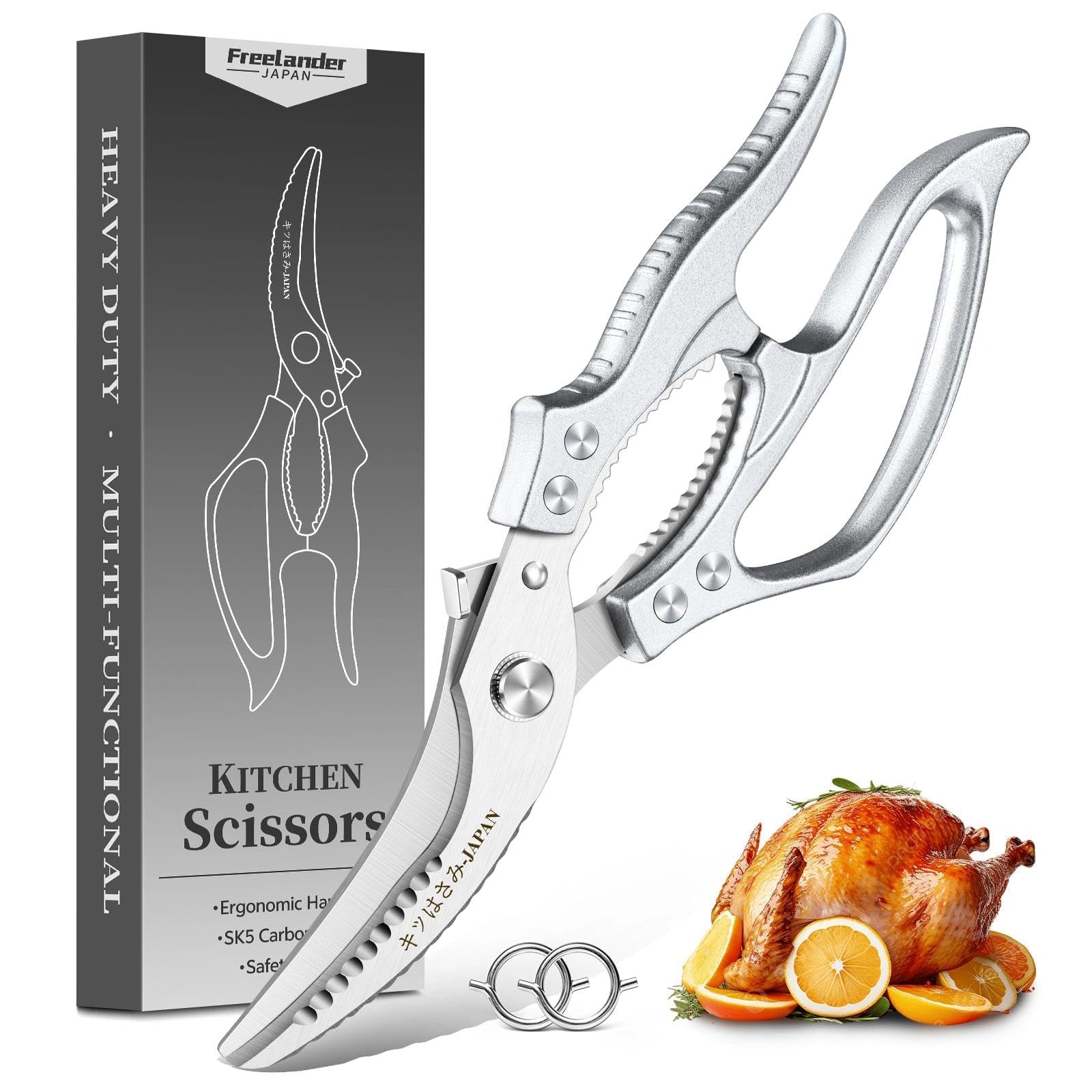 Freelander Poultry Shears Heavy Duty Kitchen Scissors, Meat Cooking Scissors with Non-Slip Handle, Kitchen Shears for Chicken, Meat, Bone, Fish, Vegetables and Seafood, Silver