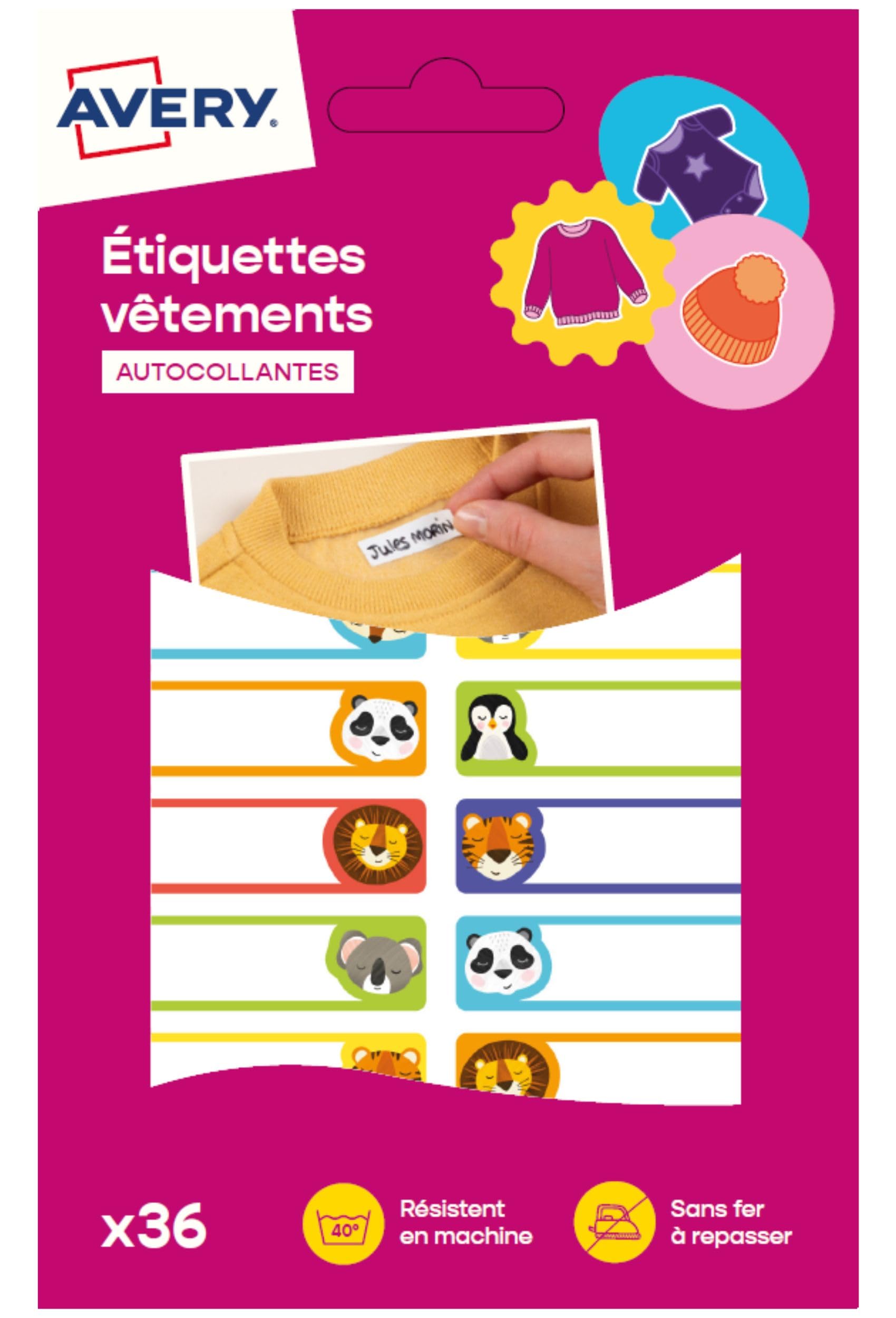 AVERY - Sachet de 36 étiquettes autocollantes pour vêtements, motifs animaux, format 4,​5 x 1,​3 cm