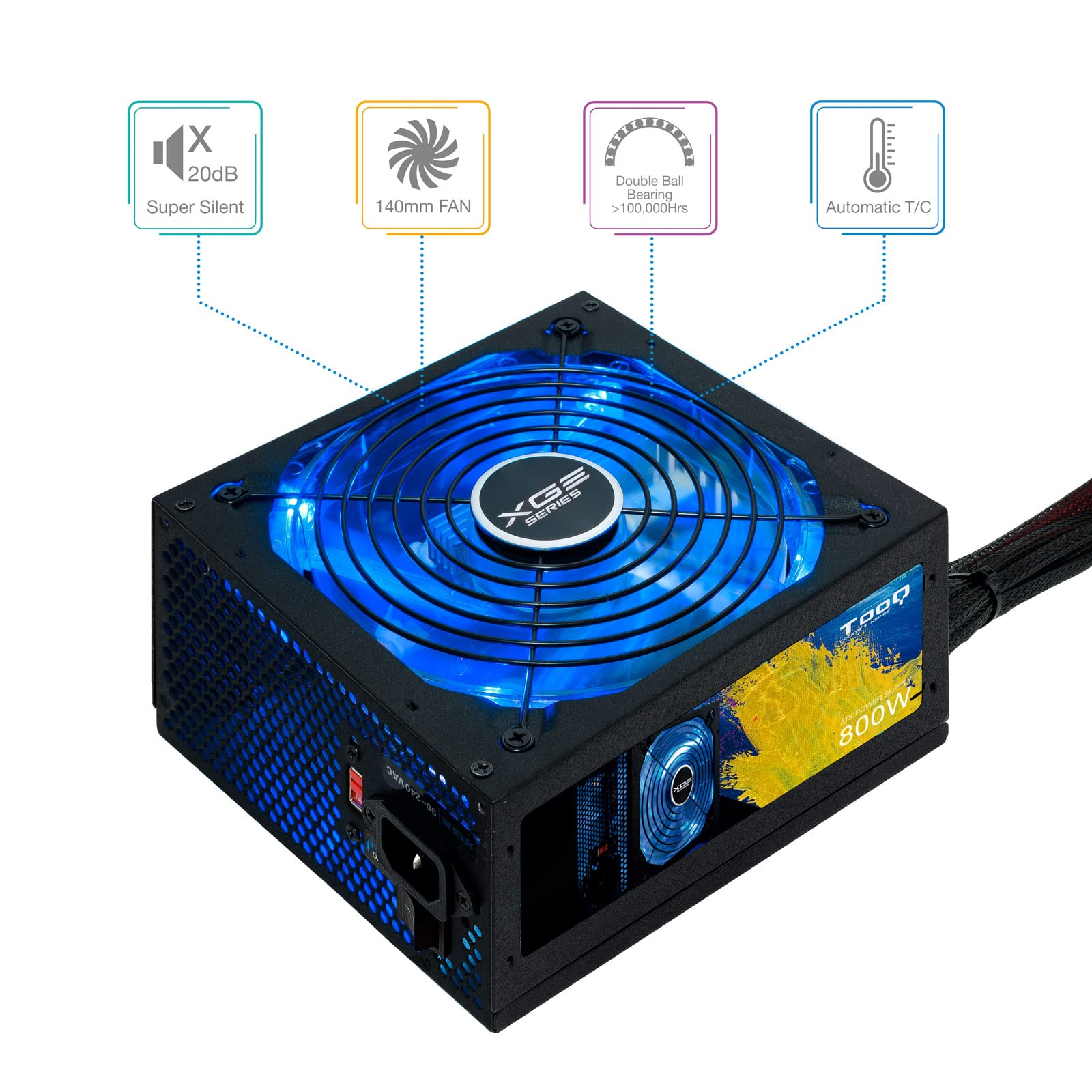 TooQ TQXGEII-800SAP - zasilanie do gier (800 W, PFC activo, ATX 12V V2.31) Certificación 80 Plus brąz, wentylator LED, kolor czarny