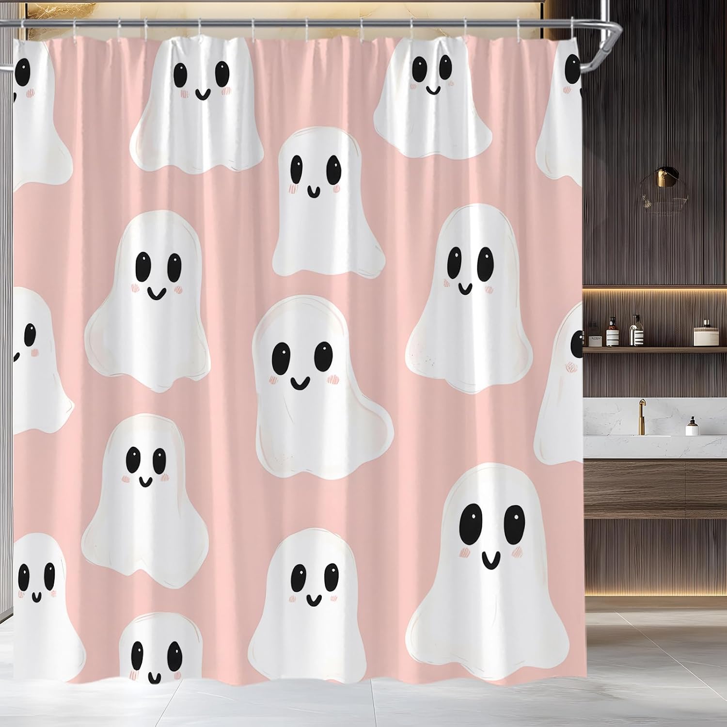 Spooky Halloween Ghost Shower Curtain Pink White Spooky Cute Funny Cartoon Ghosts Icons Home Fabric Bathroom Decor Set Include Hooks,(78" Wx70 H)