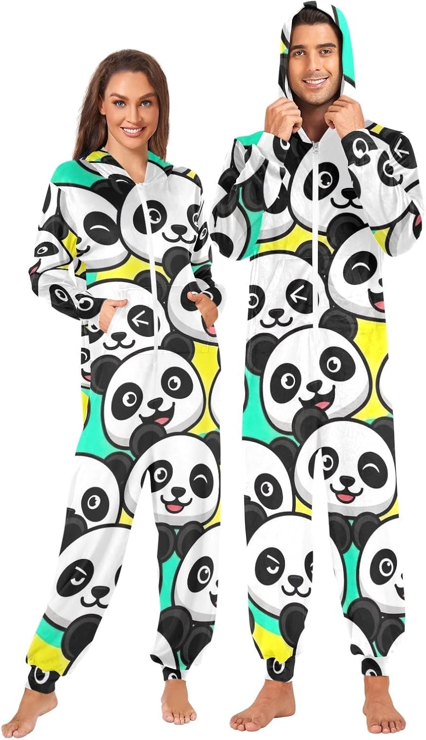 Cute Panda Adult Onesie Pajamas, Soft Plush Christmas Jumpsuit, Hooded One Piece Loungewear for Men Women