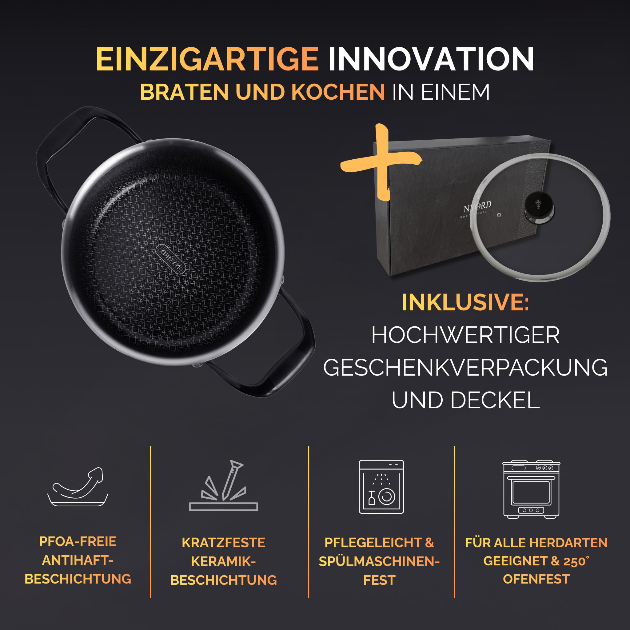 NYORD Edelstahltopf - Antihaft, Kratzfest, Kochtopf Wabenstruktur, Spülmaschinenfest, Hybrid Topf, Keramik Beschichtung, PTFE & PFOA frei, Ofenfest, für Induktion, Gas & Ceran, mit Deckel - 20 cm, 3 l