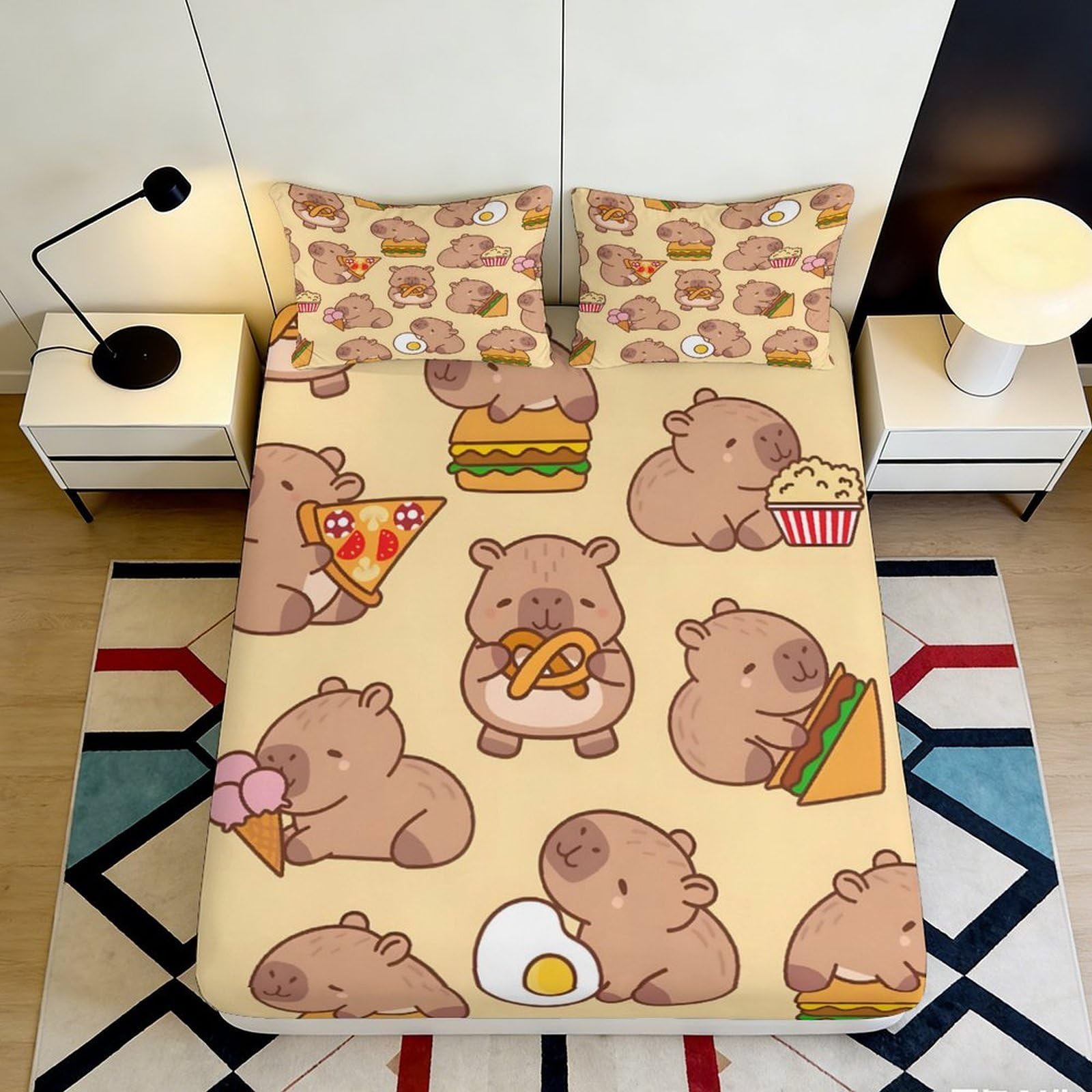 3D Printed Cute Capybara Food Fitted Sheet Microfiber Anti-Slip Mattress Cover for Bedroom Dorm Decor 140x200x25cm