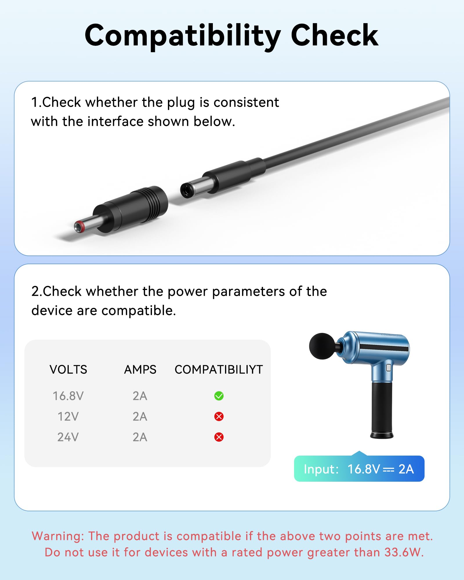Zasilacz 16,8 V, 2 A, ładowarka 33,6 W, kompatybilna z LifePro Sonic/Sonic Mini/FusionX Heated/Fusion FX Heated Massage Gun 14,4 V 14,8 V akumulator litowo-jonowy
