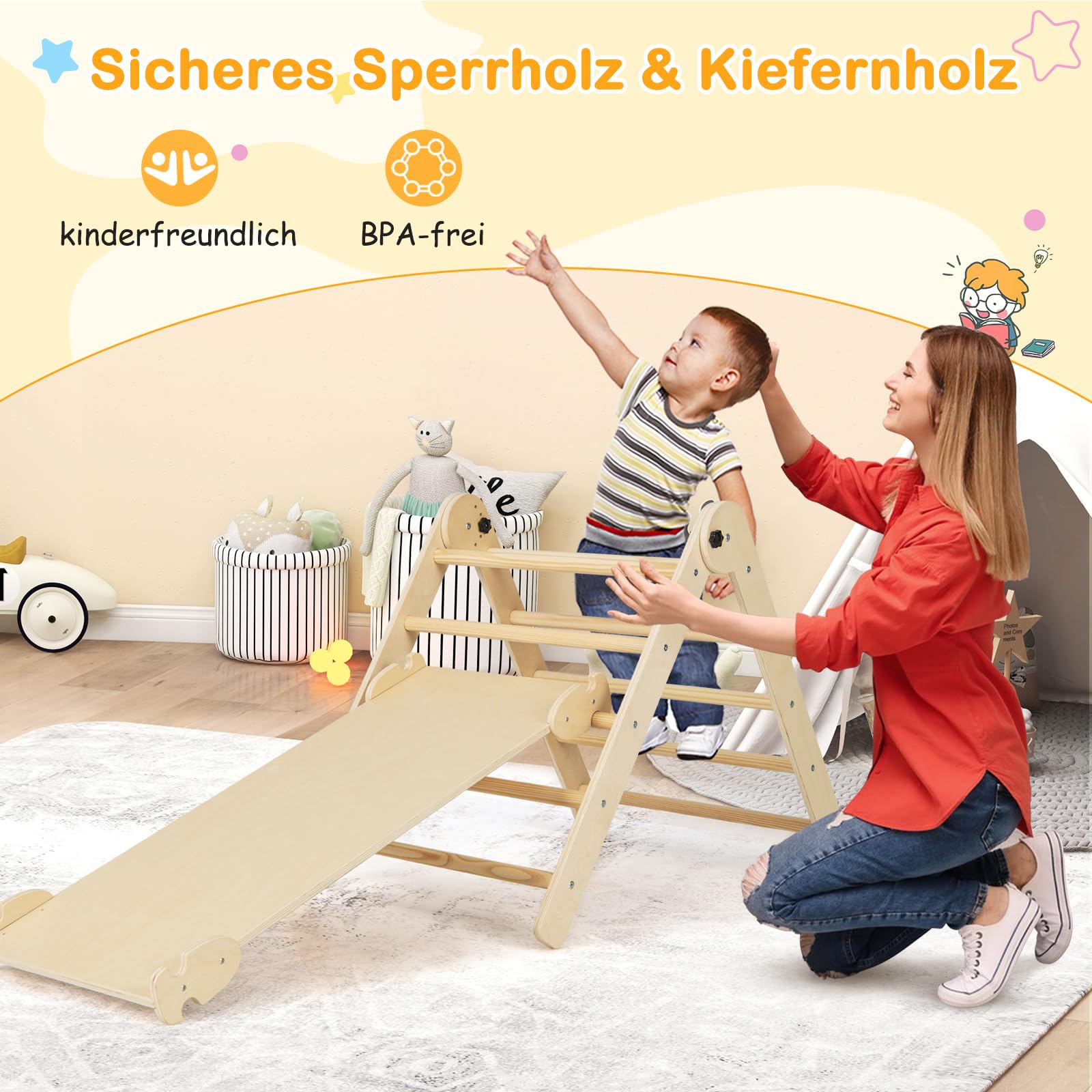 COSTWAY Kletterdreieck mit Rutsche, Sprossendreieck Holz klappbar & höhenverstellbar, inkl. doppelseitige Rampe, zum Klettern & Rutschen, Klettergerüst Indoor ab 1 Jahr (Natur)