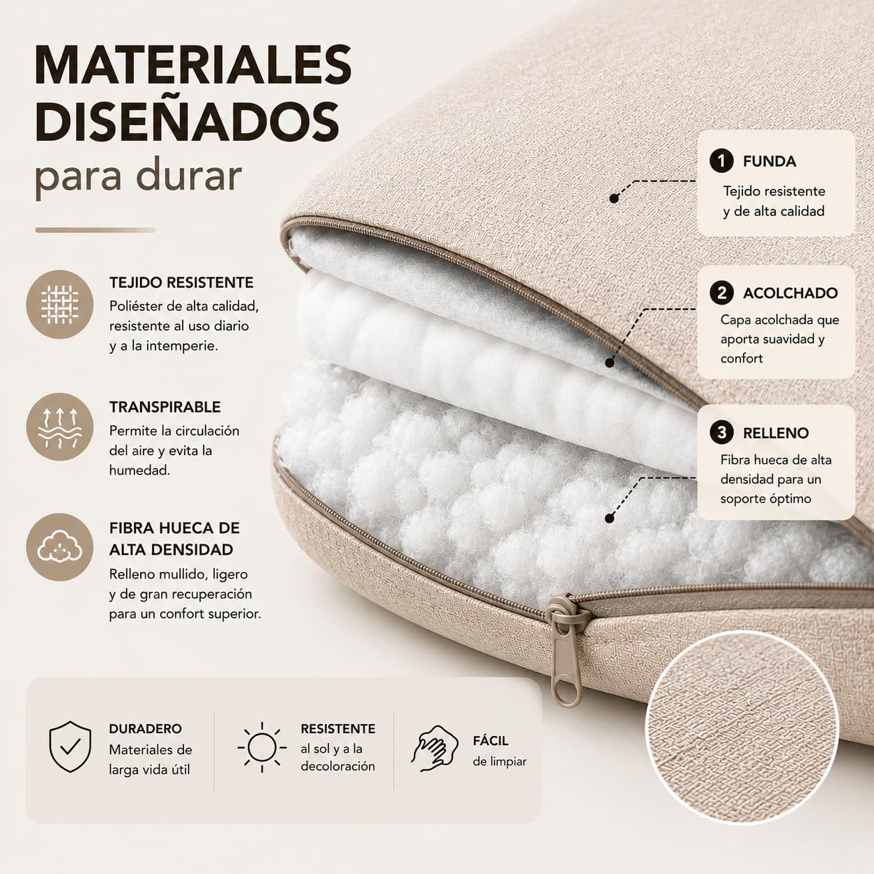 TIENDA EURASIA - Cojin Tumbona Exterior | Pack 2 Colchonetas | Medida 180 x 50 x 6 cm | Funda de Loneta con Cremallera Lavable | Relleno de Fibra Hueca Acolchada (Crudo)