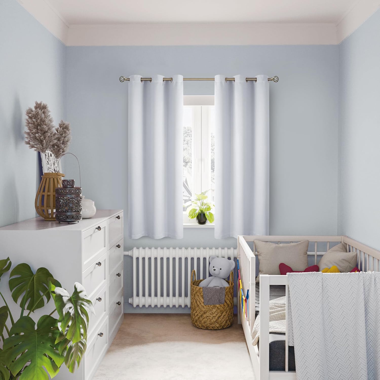 bgment greyish white 100% blackout curtains for bedroom 63 inch length 2 panels set, thermal insulated full light blocking grommet noise cancelling window curtains for nursery, 42 inch wide each greyish white 42"w x 63"l (pack of 2)