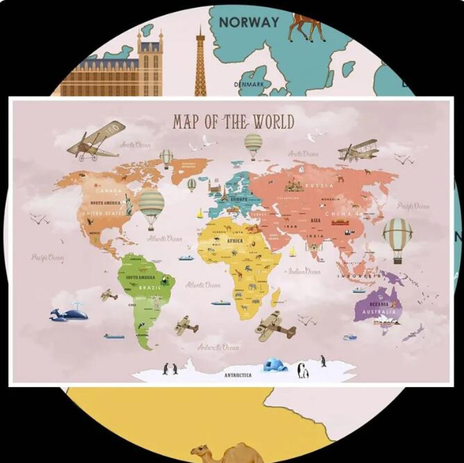 Mural kreskówka dziewczyny sypialnia różowa mapa świata samolot balon na gorące powietrze tapeta dom dekoracja ścienna, 3D, 150 x 105 cm