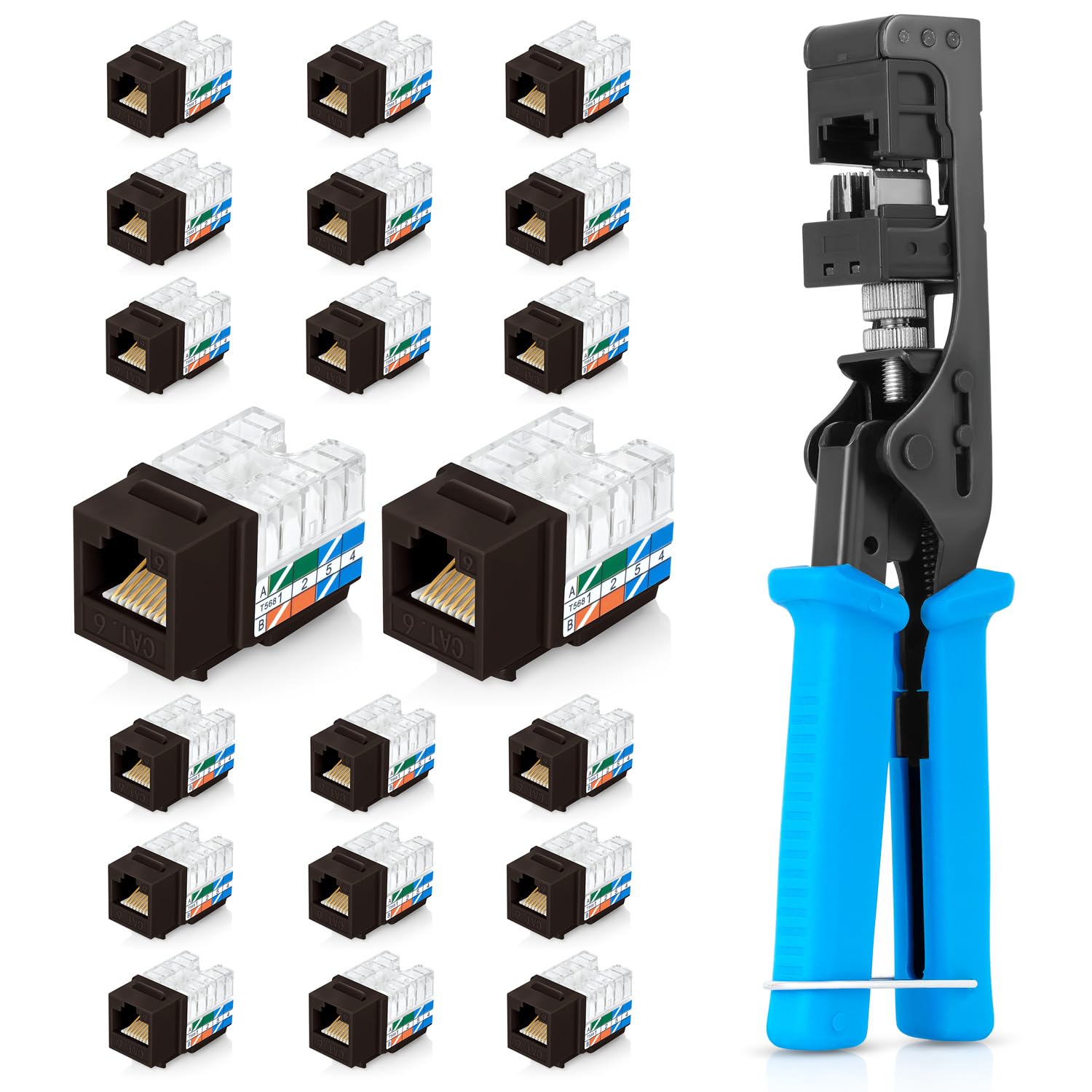 Everest Media Solutions Bundle – 2 Items: easyJACK - Speed Termination Tool + 20 Pack of RJ45 CAT6 UTP Keystone Jacks - Brown