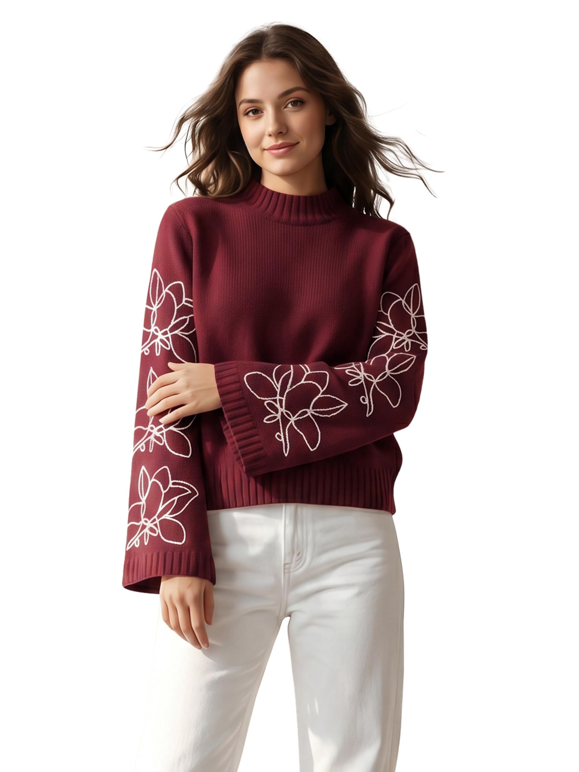 gfo Women Stylish High Neck with Long Bell Sleeve Knitted Pullover-picture-16