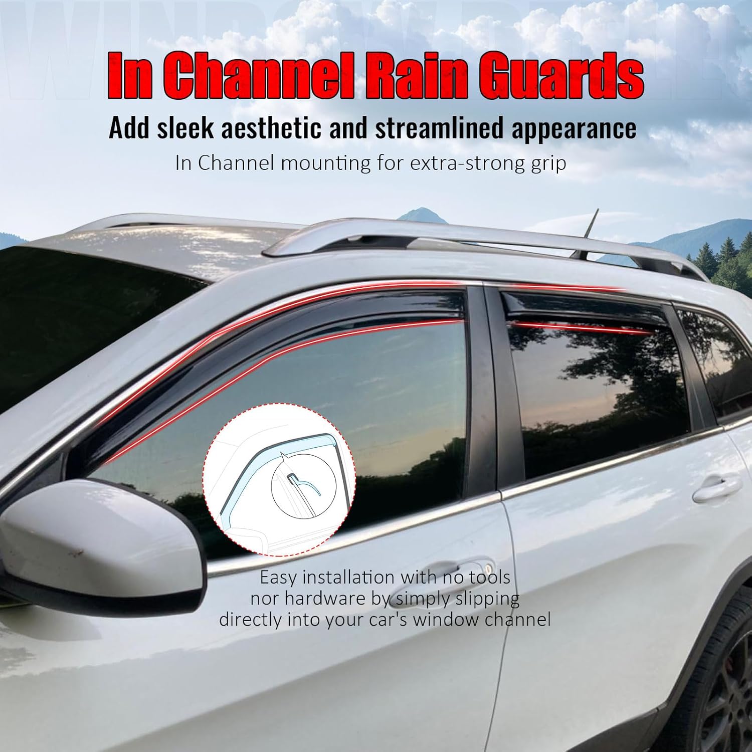 IKON MOTORSPORTS in Channel Window Visors Compatible with 2014-2023 Jeep Cherokee, Slim Style Acrylic Smoke Rain Guards, Side Window Wind Deflectors 4PCS