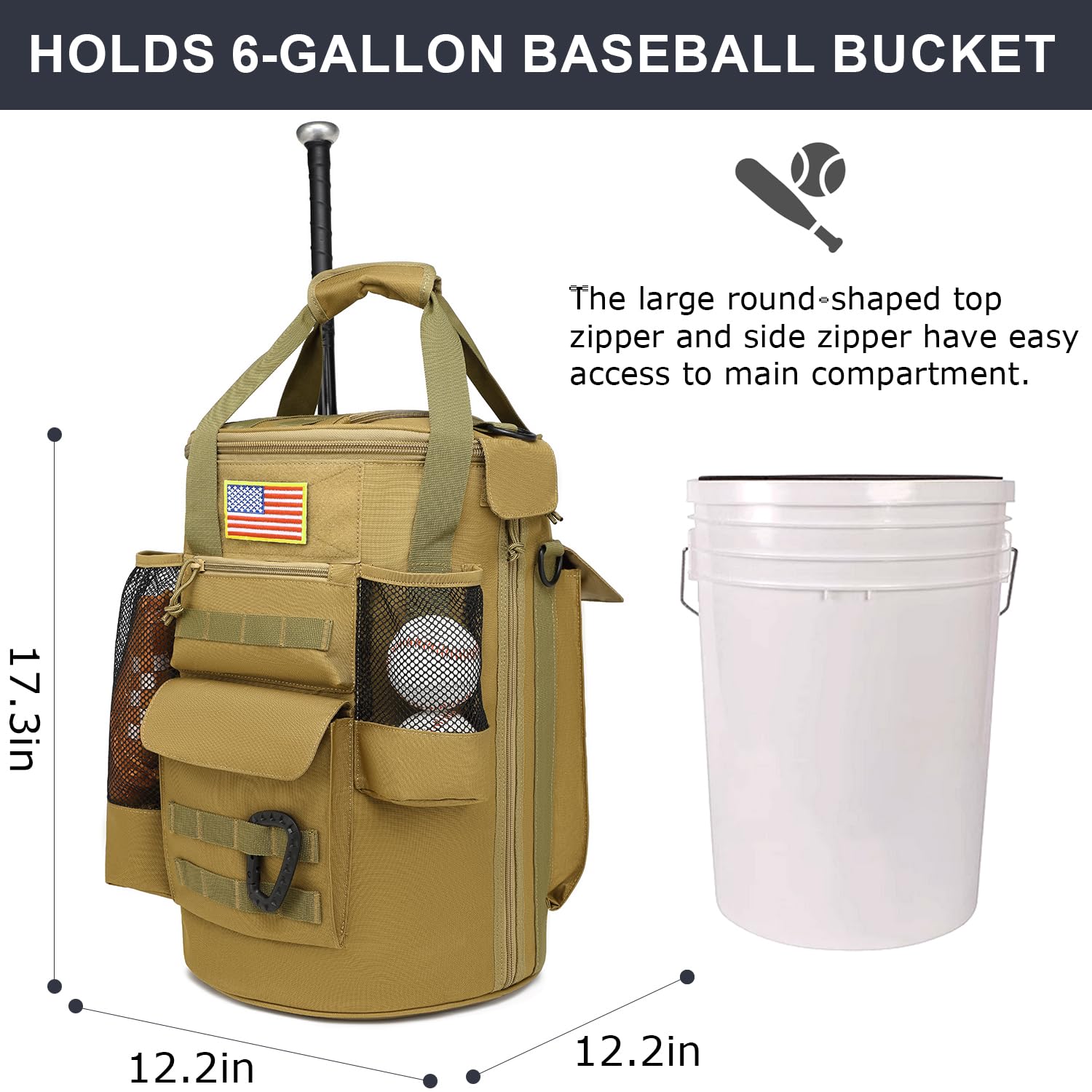 Organizador táctico de cubeta de béisbol para cubos de 6 galones con parte inferior de EVA antideslizante para equipo de entrenamiento, equipo de béisbol, accesorios (marrón)