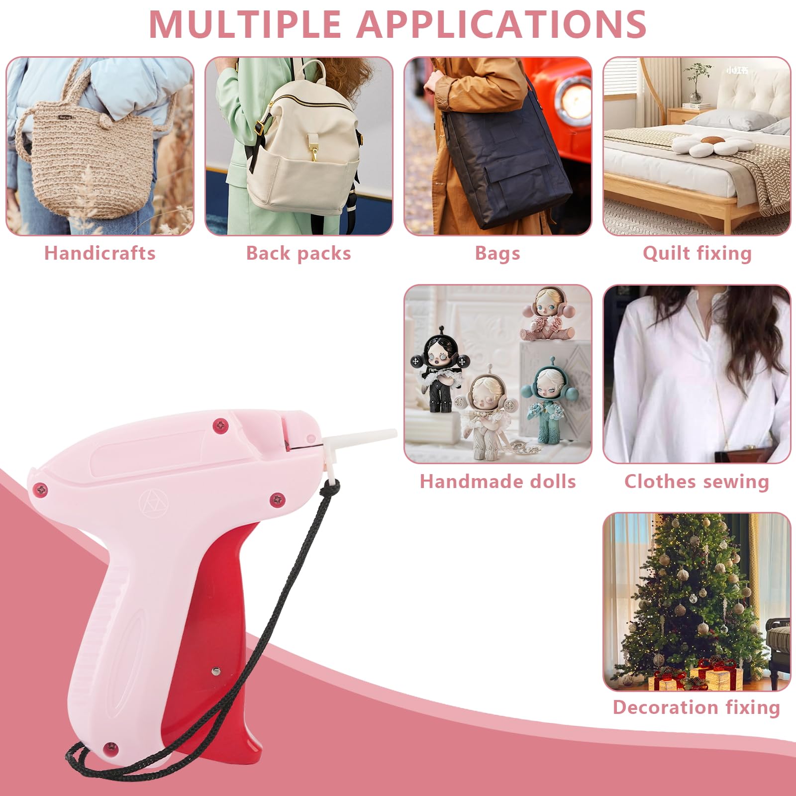Stitchy Pistolet de fixation rapide pour vêtements avec 1000 attaches et 5 aiguilles (rose)