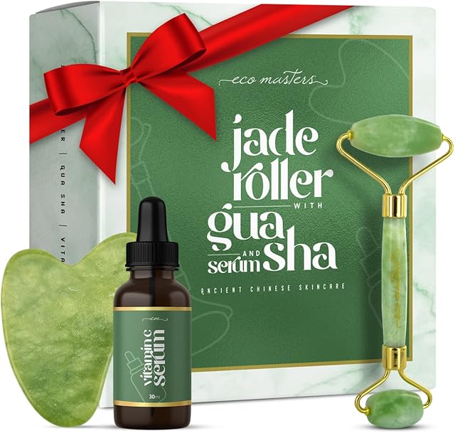 100% Real Jade Roller and Gua Sha Set - With Vitamin C Serum - Face Massager & Neck Massager  Anti-Ageing SkinCare Set for Eyes, Neck, Face Care  Jade Roller and Gua Sha Gift Set -For All Skin Types