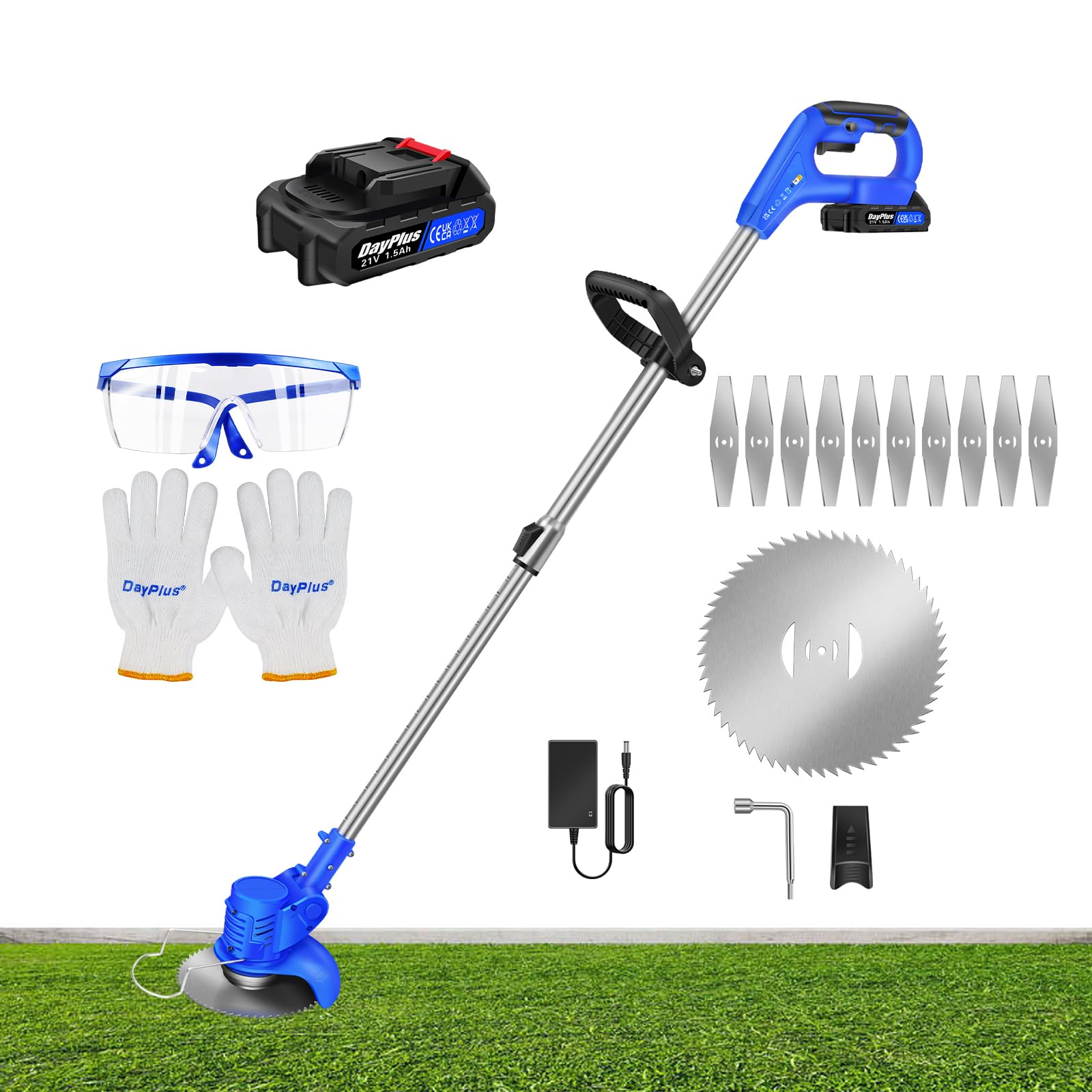 Cordless Strimmer for Garden with 2 Batteries, Electric Grass Trimmer with Adjustable Height, Replaceable Blades, for Mowing, Edging, Sawing of Lawn and Shrubs