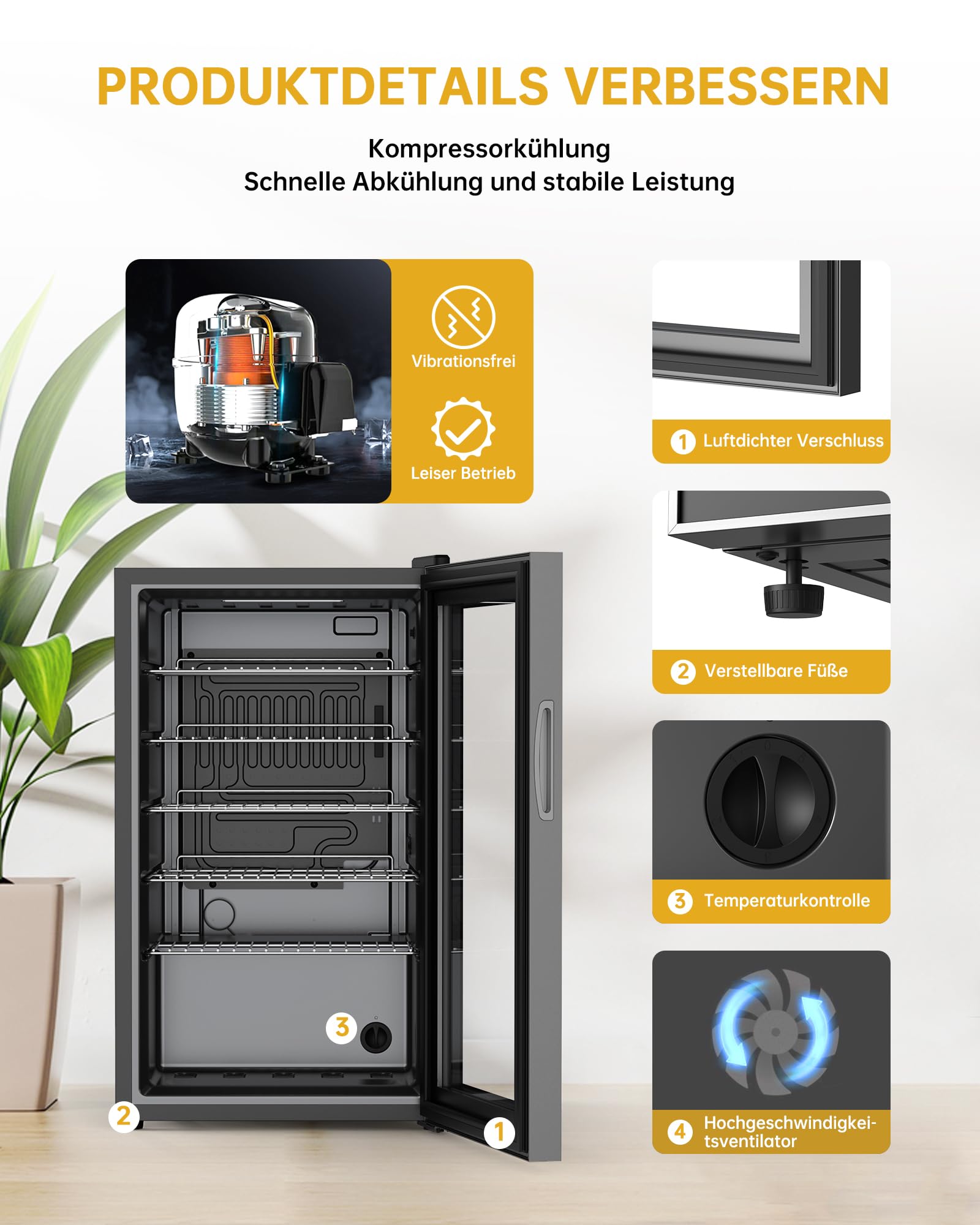 WIE Mini Kühlschrank Getränkekühlschrank 70 Liter mit Doppelte Glastür mit Verstellbaren Ablagen Indoor Outdoor Klein Bierkühlschrank Leise 105 Dosen für Soda/Bier/Wine für Zuhause/Küche/Bar/Büro