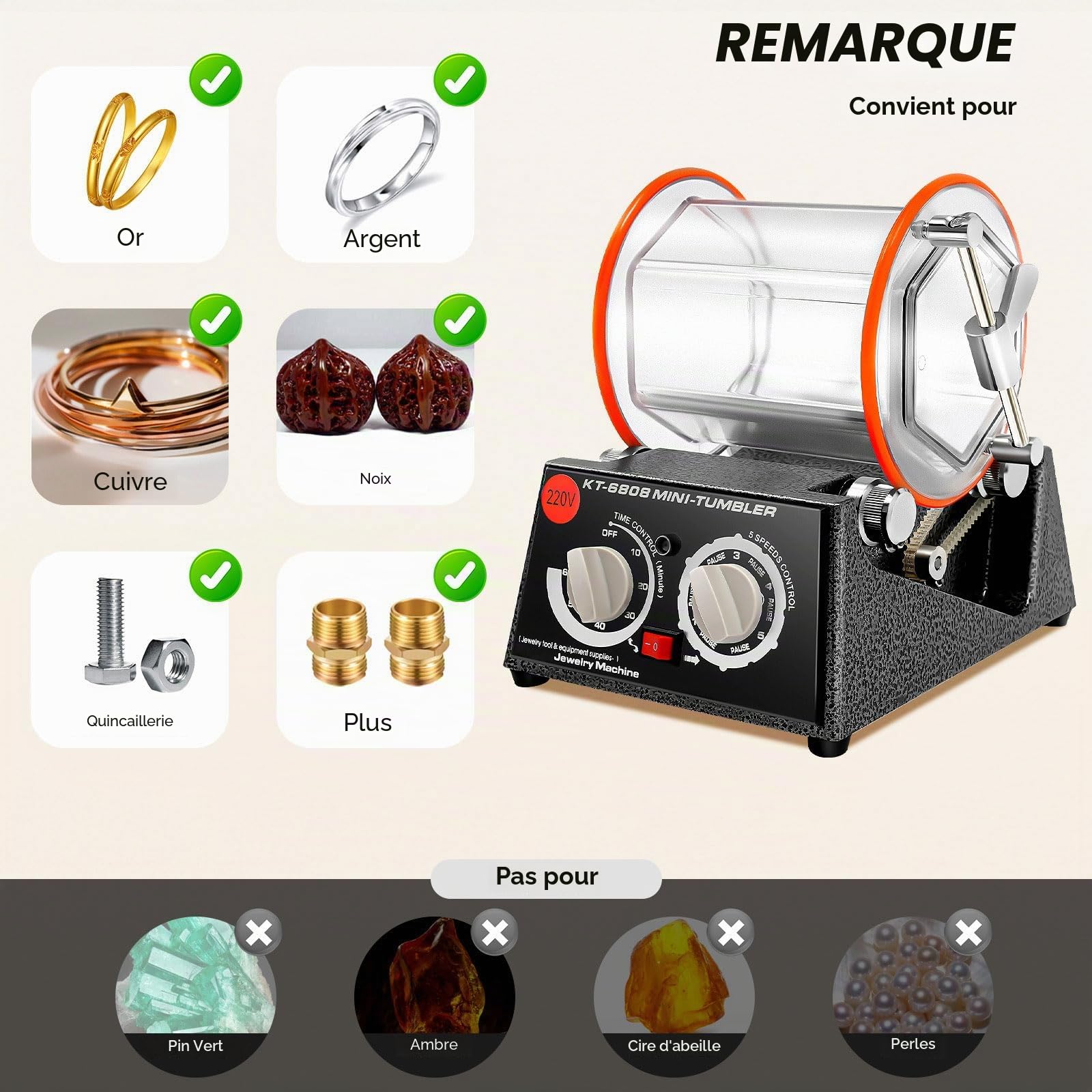 Tambour de polissage rotatif, 3 kg, polisseuse à bijoux avec 4 commandes de vitesse et minuterie, polisseuse rotative