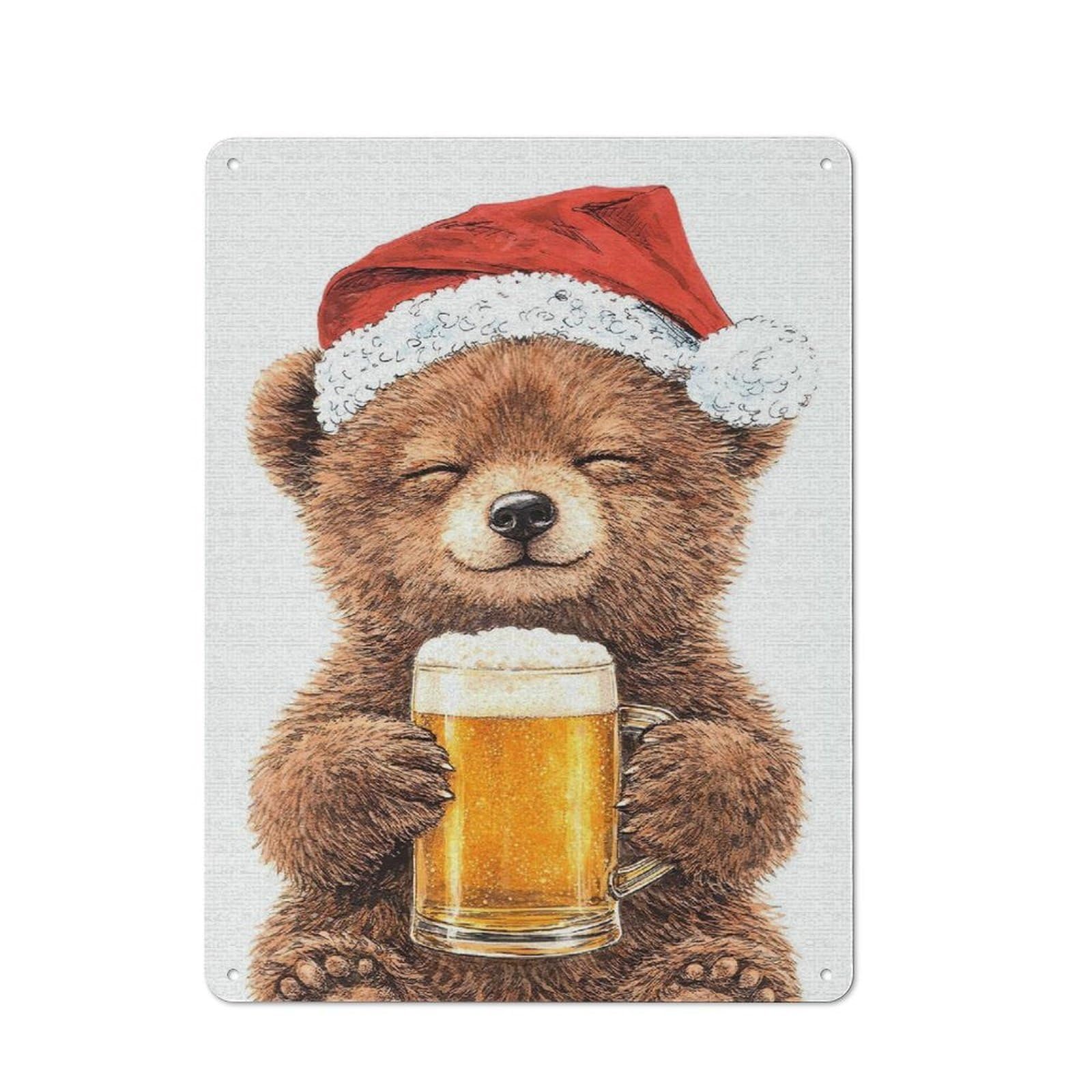 Cute Bear in Santa Hat with Beer Rustic Metal Sign 40x30cm, Barn Style Farmhouse Wall Decor for Kitchen, Cottage, Porch Or Garden Room