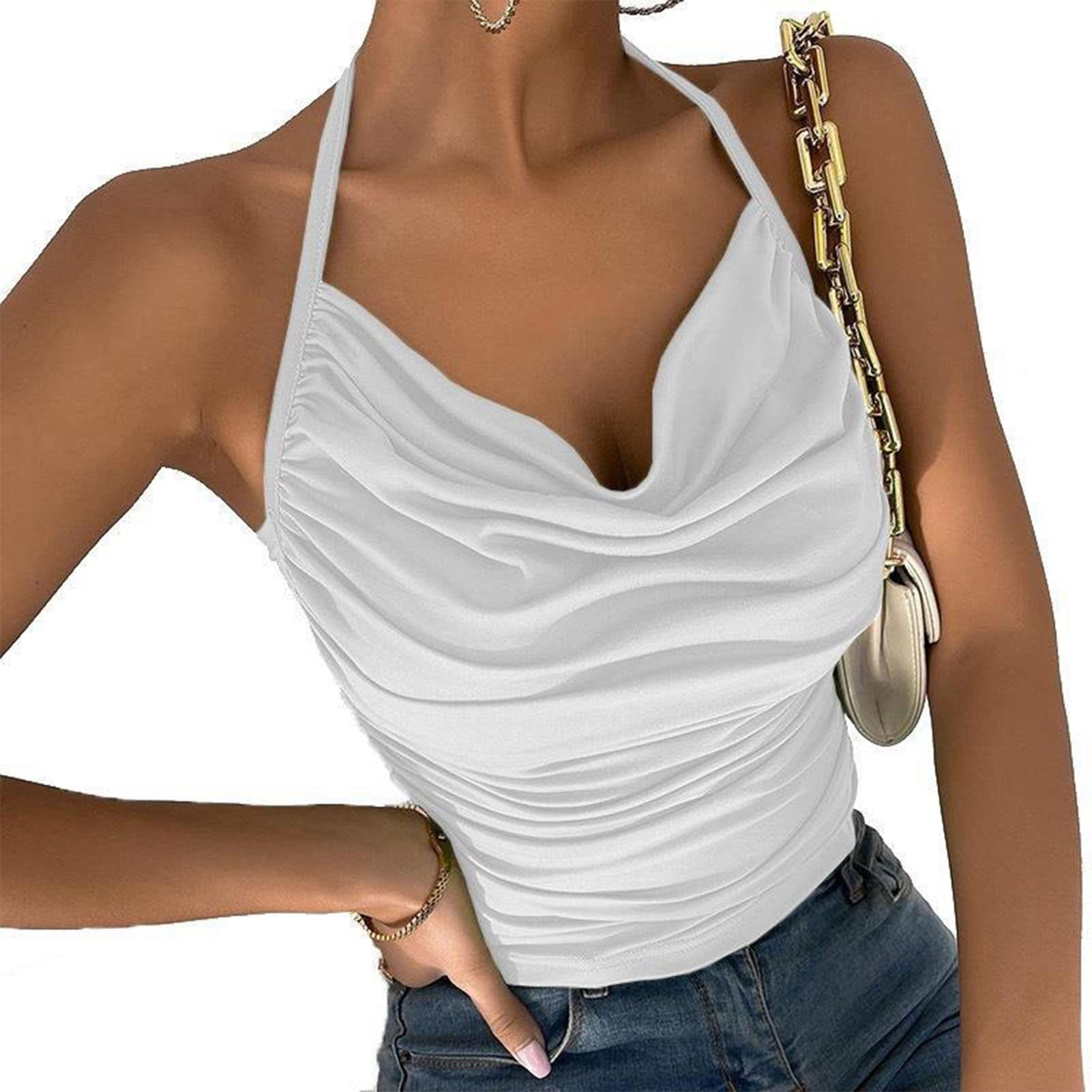 Ausla Top sin Espalda Sexy de Tirantes Finos para Mujer Plisse Y2K HALTWODS V Camisola de Moda Corta de Verano (S)