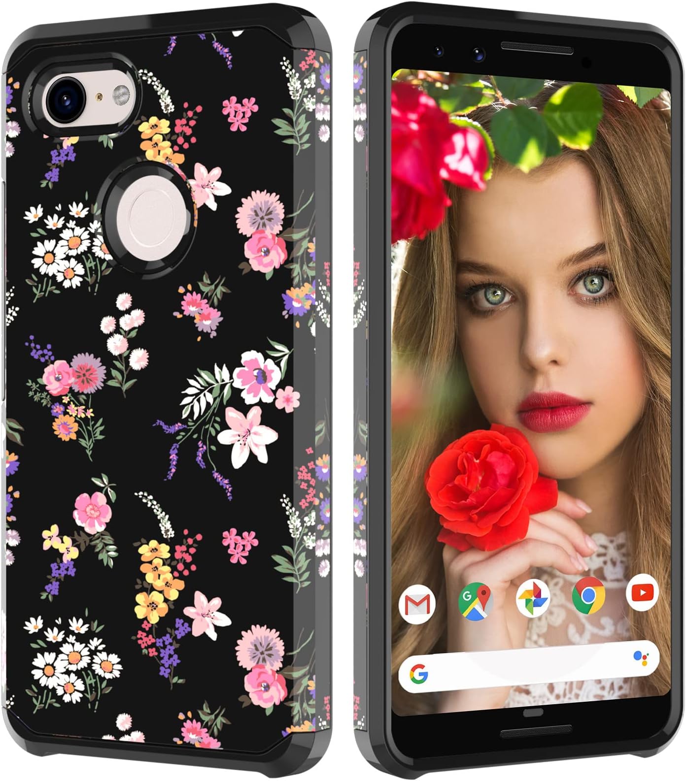 ShinyMaxGoogle Pixel 3 Case with Flowers Design, Google Pixel 3 Phone Case,Hybrid Dual Layer Armored Anti-Slip Cover Cute Sturdy Anti-Scratch Shockproof Bumper Case for Women and Girls-Floral/Black