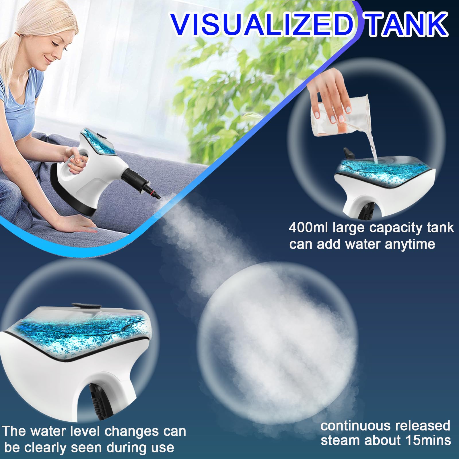 Handheld Steam Cleaner for Home, Immediate Heat Hand Held Steam Cleaner, with Visualized Large Water Tank & 9 PCS Accessories & Safety Lock, for Cleaning Couch,Floor,Window,Car (BLACK01)