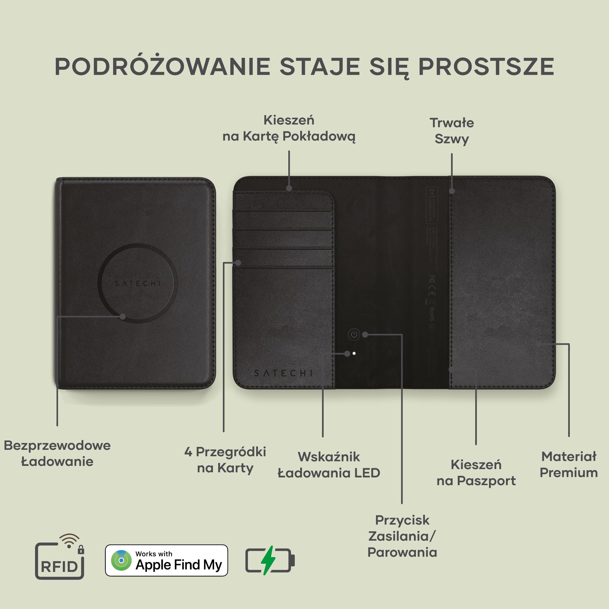 SATECHI Find My Etui na Paszport, Portfel Podróżny Z 4 Przegródkami na Karty, Ładowaniem Bezprzewodowym I Blokadą Rfid, Kompatybilny Z Aplikacją Find My na Ios, Materiał Premium (PU) – Czarny