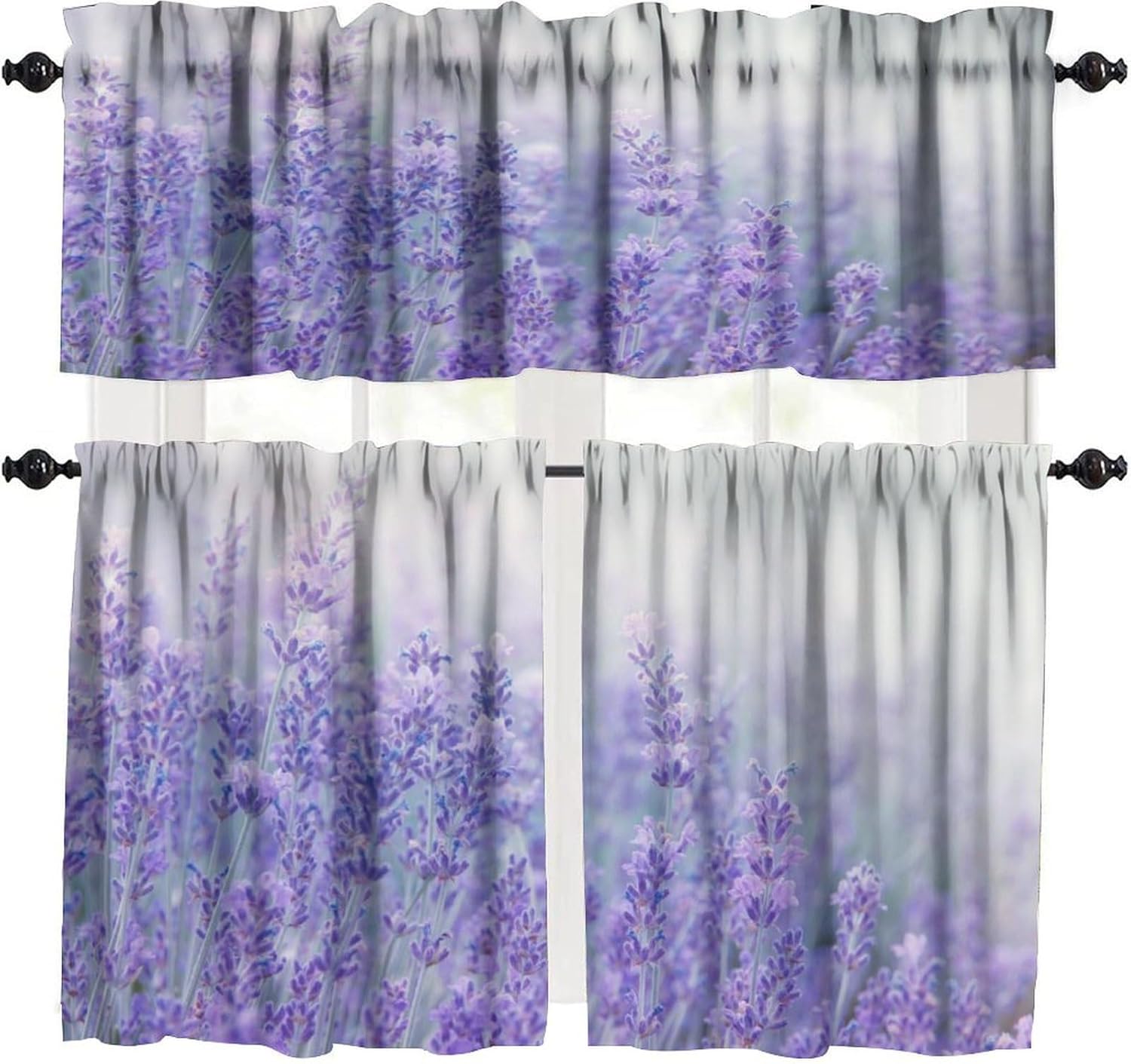 Lavender Kitchen Curtain and Valance Set Tier Nature Purple Floral Short Curtains Rod Pocket Drapes Living Room Cafe Dining Room Kitchen Bedroom 54 x 18 inches + 27 x 24 inches *2
