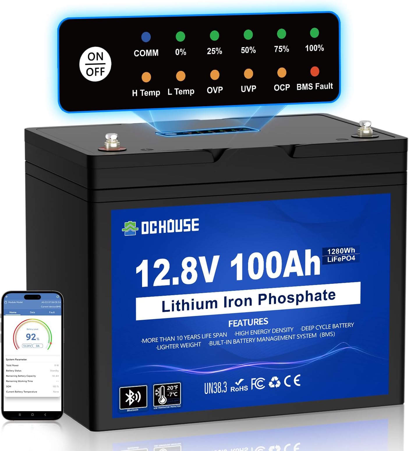 - DC HOUSE 12V 100Ah LiFePO4 Trolling Motors Battery with SOC Status Indicators, Bluetooth & Low Temp Cut-Off, 100A Smart BMS, Up to 15000 Cycles for RV, Marine, Boat