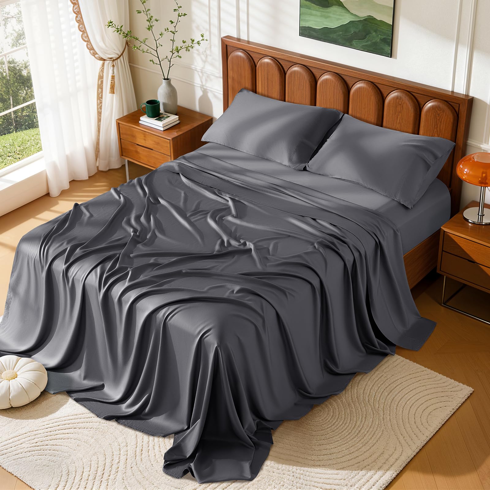 100 Viscose Derived from Bamboo Sheets Queen Size Hotel Luxury Bed Sheets Set Deep Pocket Up to 16