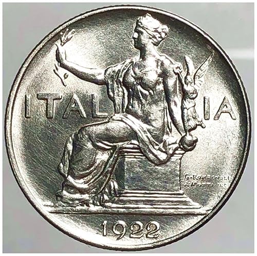 Miniatura 1 de 1922 R BEAUTIFUL 1922 ITALIAN LIRE COIN w DRAPED FEMALE holding STATUE of WINGED LIBERTY OLIVE BRANCH 1 Lire Seller AU