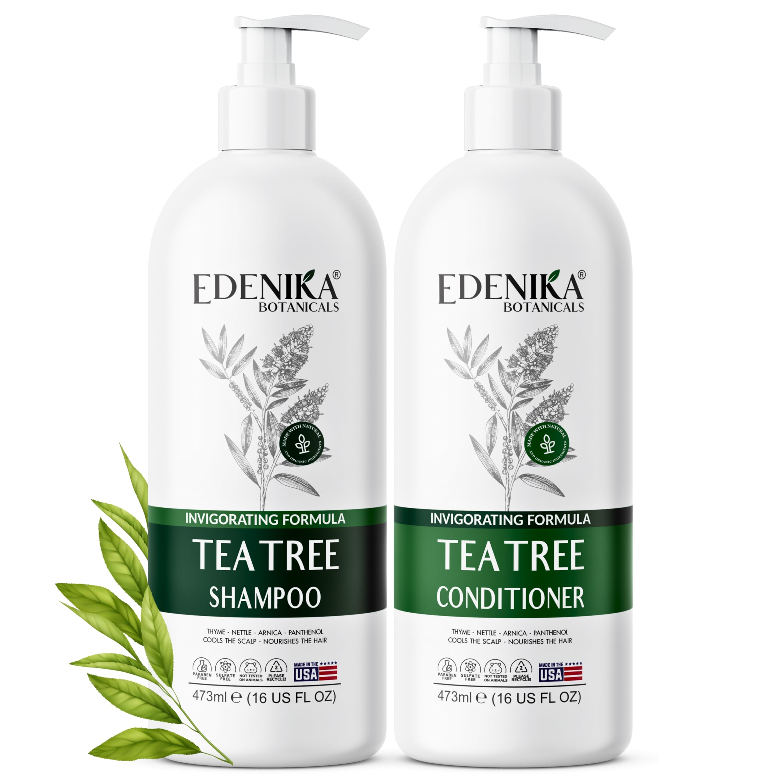 EDENIKA BOTANICALS Tea Tree Oil Shampoo and Conditioner Set, Deep Cleansing for Buildup & Oily Scalp, Soothes Itchy Scalp & Refreshes Hair, Sulfate