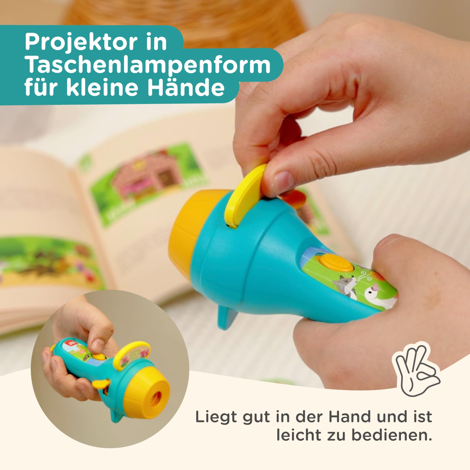 Nene Toys Interaktives Märchenbuch mit Projektor-Taschenlampe & Schattentheater für Kinder ab 3 Jahren – 4 Klassische Geschichten in 5 Sprachen, Gute-Nacht-Geschichten-Set