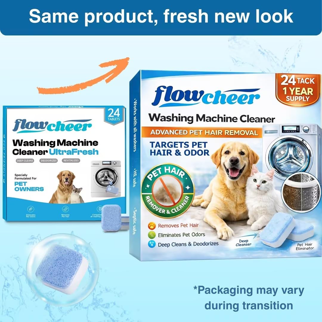 flowcheer Pastillas limpiadoras de lavadora, pestañas de limpieza de lavadora, tableta limpiadora de ropa, removedor de pelo de mascotas, extra formulado para dueños de mascotas, paquete de 24