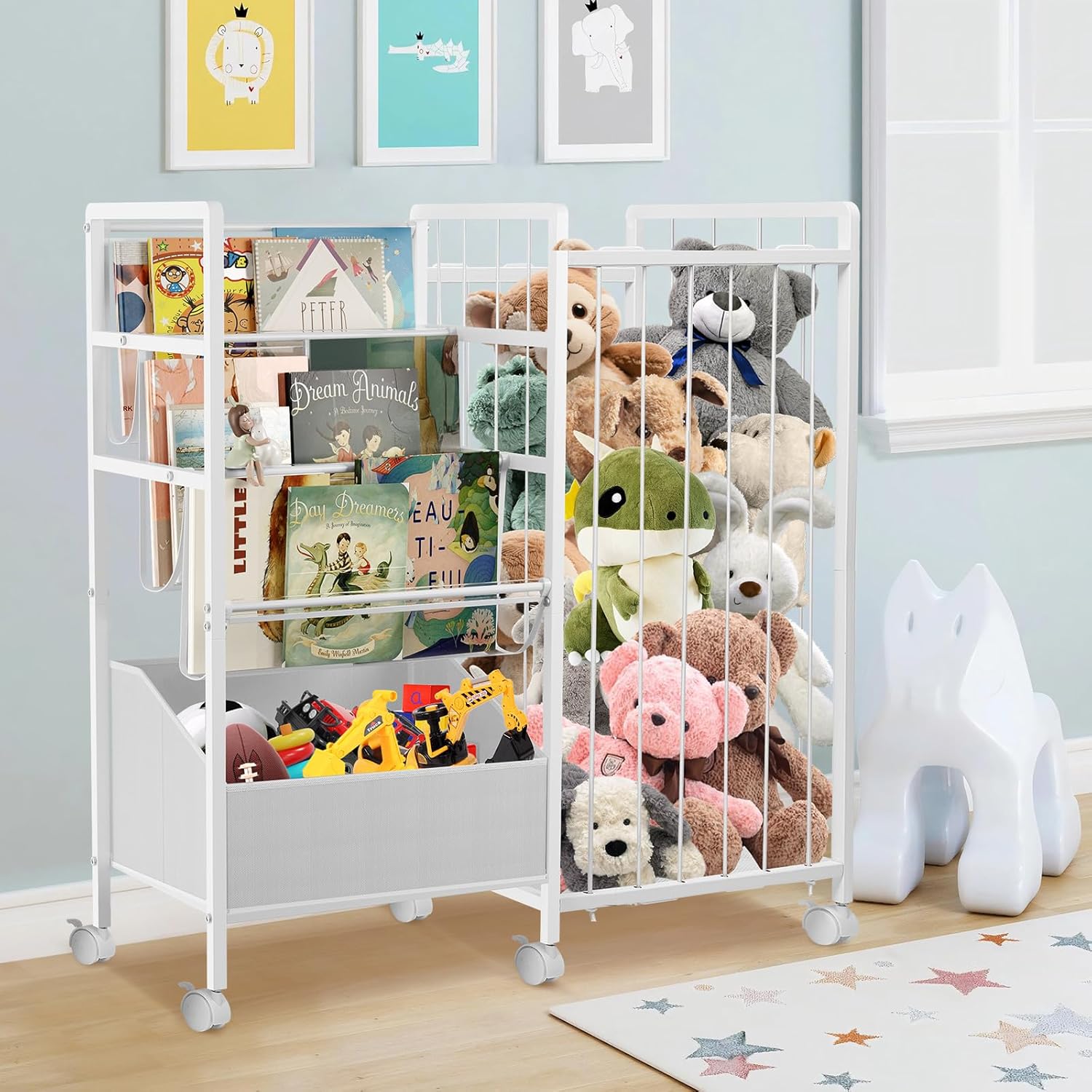 Kids Bookshelf and Stuffed Animal Storage，3-in-1 Metal Toy Shelf with Wheels，Toddler Bookshelf with PVC Display Shelf & Toy Box，Sturdy Toy Organizer and Montessori Book Shelf for Kids Room，Playroom